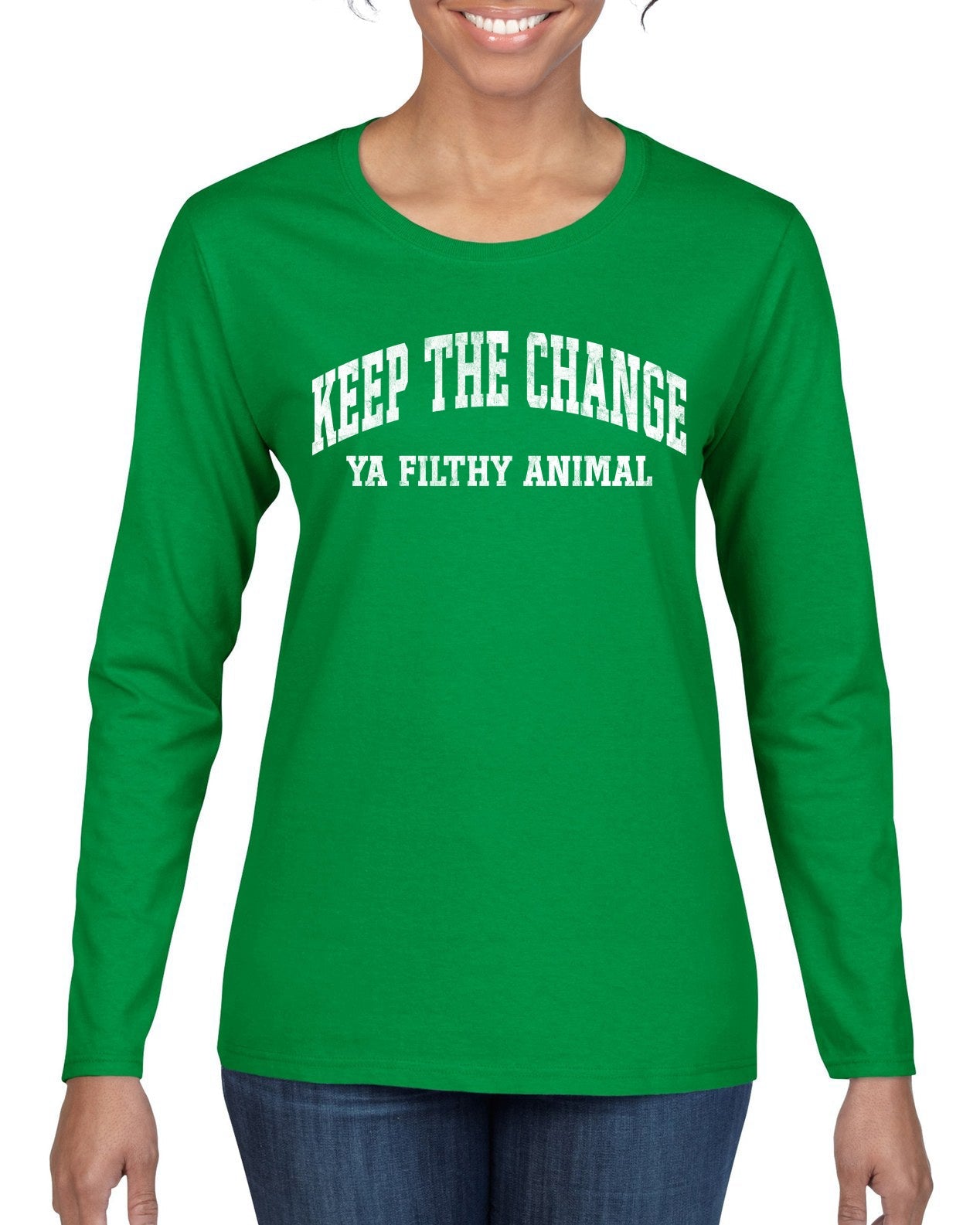 Vintage Movie Quote Keep The Change Filthy Animal Christmas Womens Graphic Long Sleeve T-Shirt