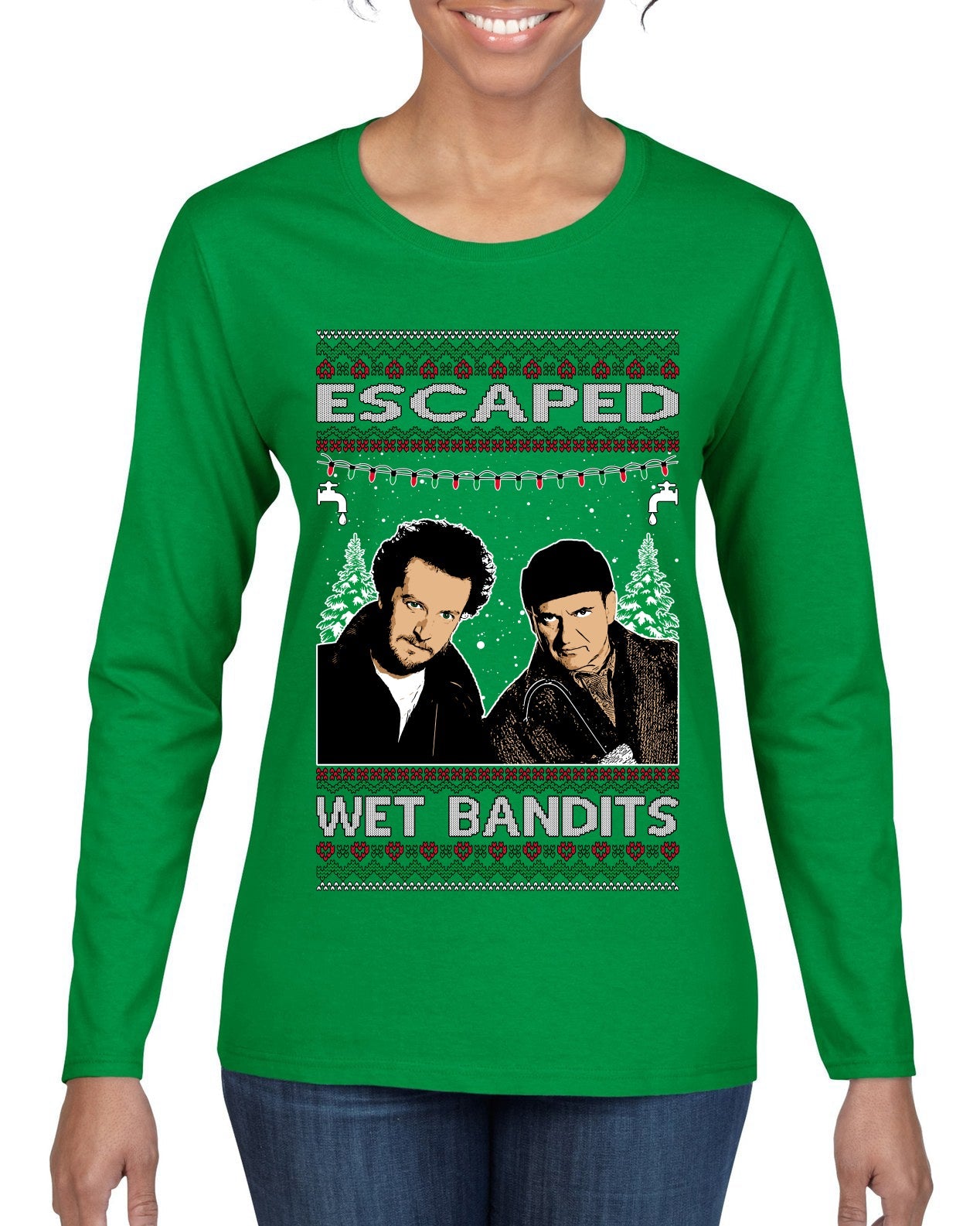Escaped Bandits Classic Home Holiday Movie Ugly Christmas Sweater Womens Graphic Long Sleeve T-Shirt