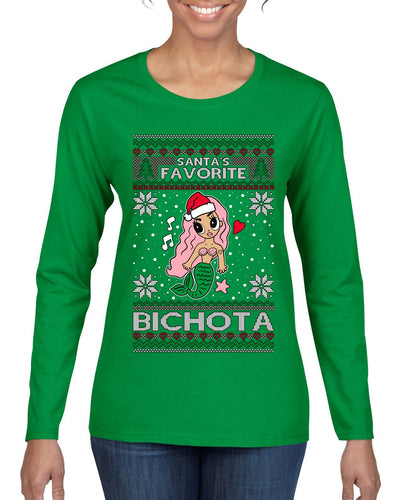 Christmas Karol Santa's Favorite Bichota Ugly Christmas Sweater Womens Graphic Long Sleeve T-Shirt