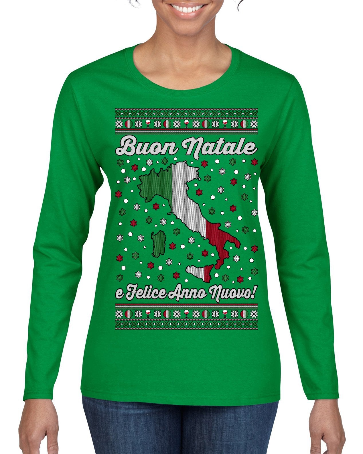 Buon Natale e Felice Anno Nuovo! Merry Christmas and Happy New Year Ugly Christmas Sweater Womens Graphic Long Sleeve T-Shirt