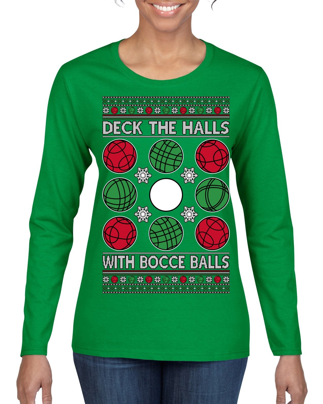 Deck the Halls with Bocce Balls, Funny Classic Italy Italian Sports Ugly Christmas Sweater Womens Graphic Long Sleeve T-Shirt