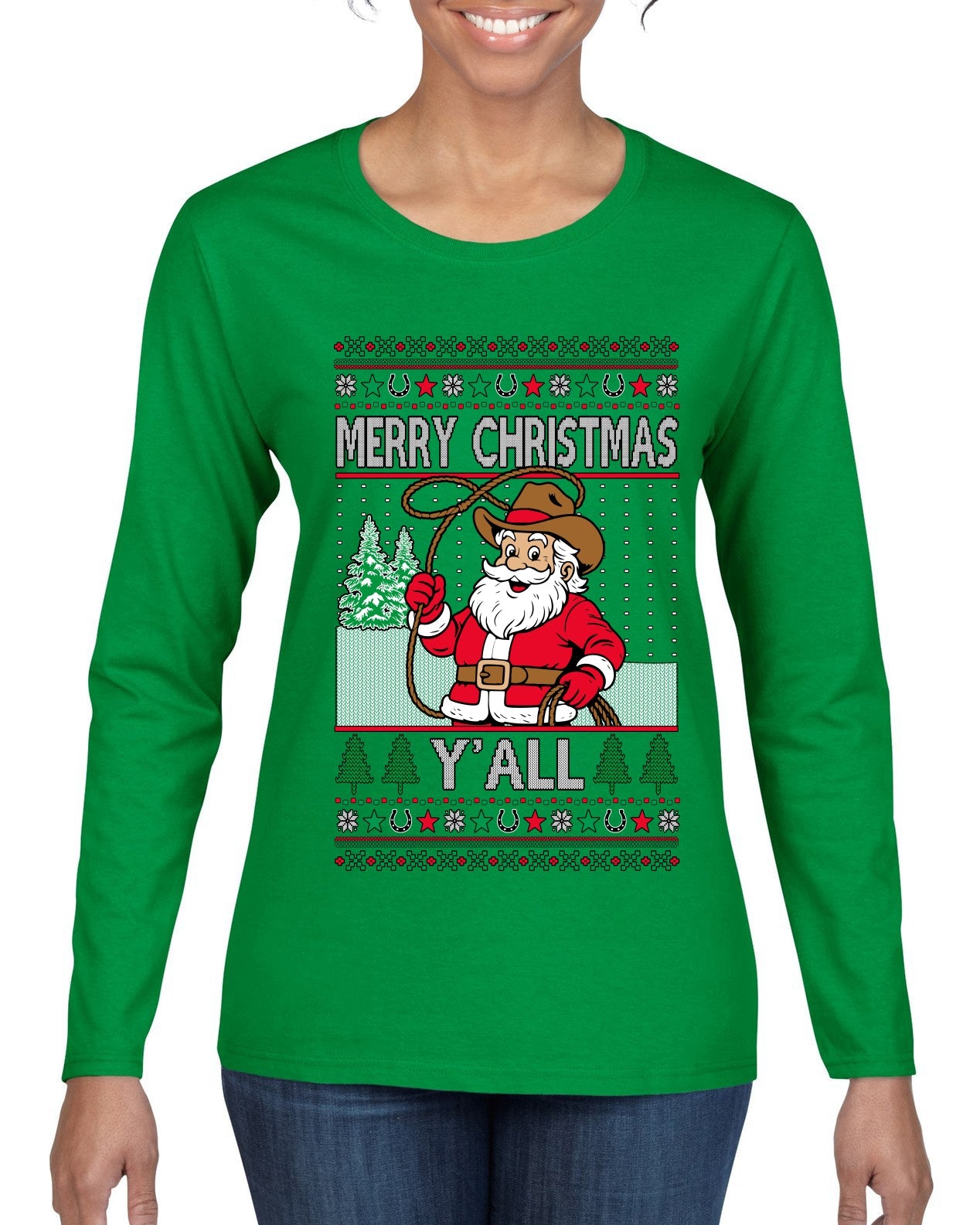 Merry Christmas Y'all Christmas Sweater, Ugly Christmas Sweater Womens Graphic Long Sleeve T-Shirt