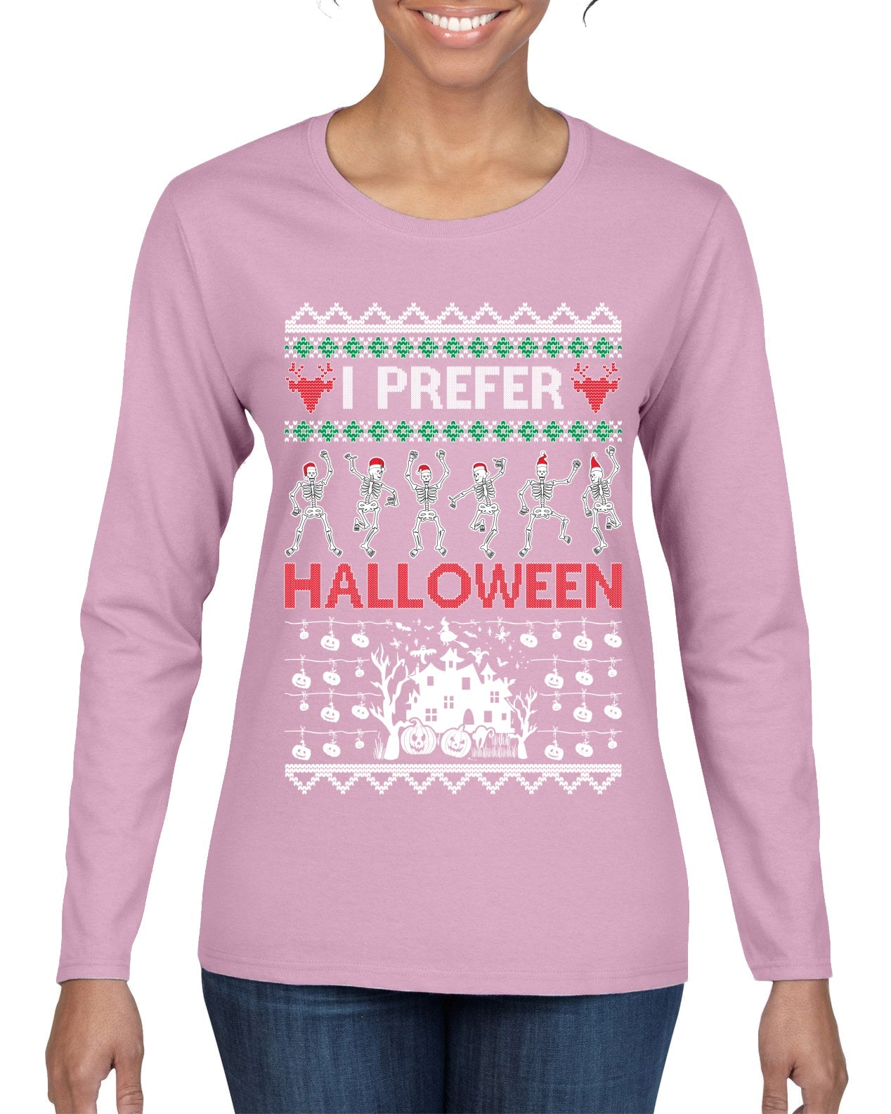 I Prefer Halloween Dancing Skeletons Ugly Christmas Sweater Womens Graphic Long Sleeve T-Shirt