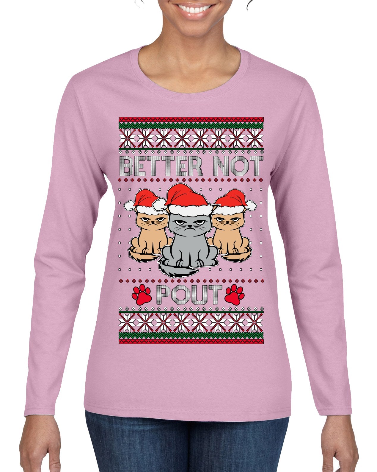 Better Not Pout, Cute Sad Santa Cats | Funny Ugly Christmas Sweater Womens Graphic Long Sleeve T-Shirt