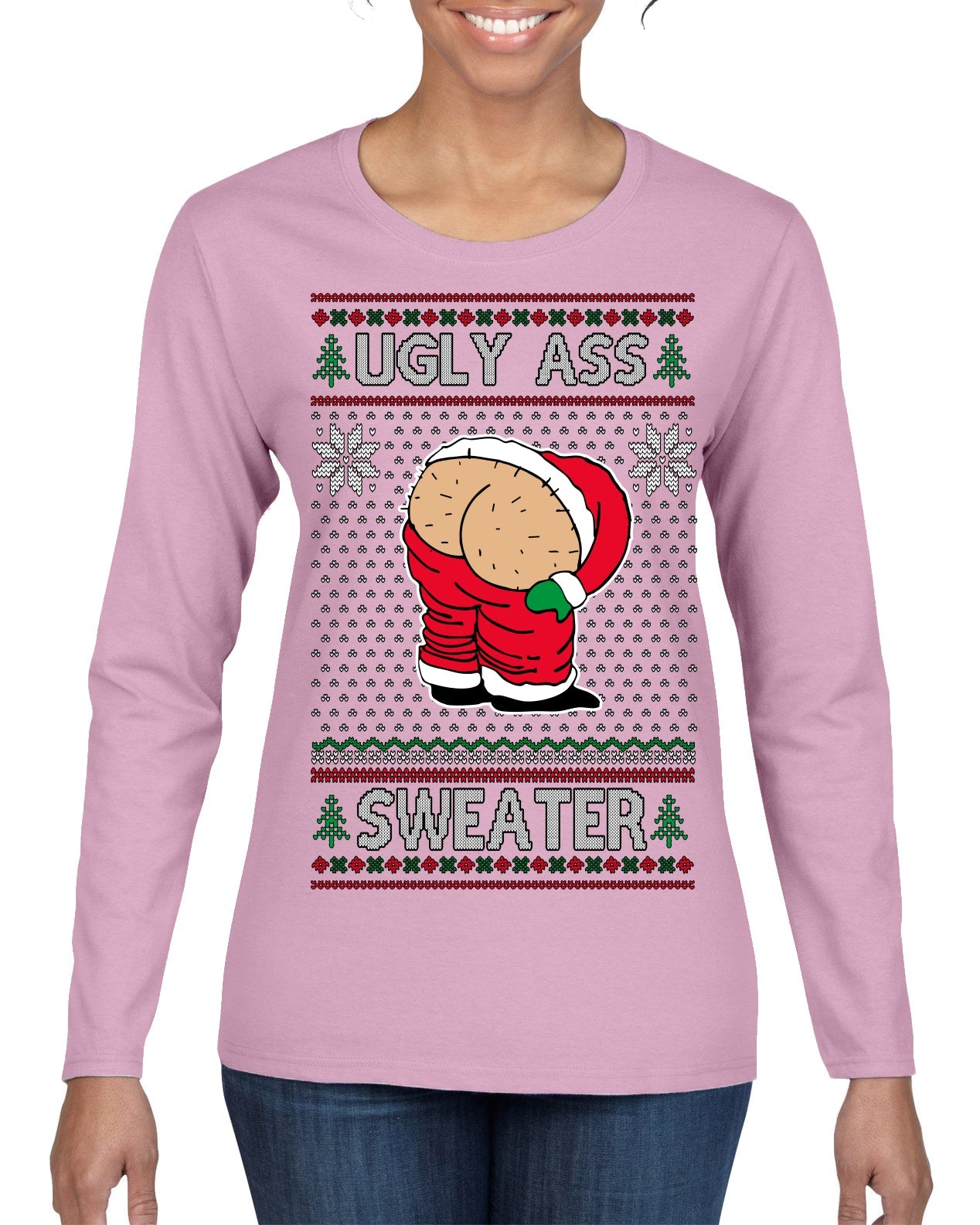 Ugly Ass Sweater Funny Santa Claus Butt Xmas Ugly Christmas Sweater Womens Graphic Long Sleeve T-Shirt