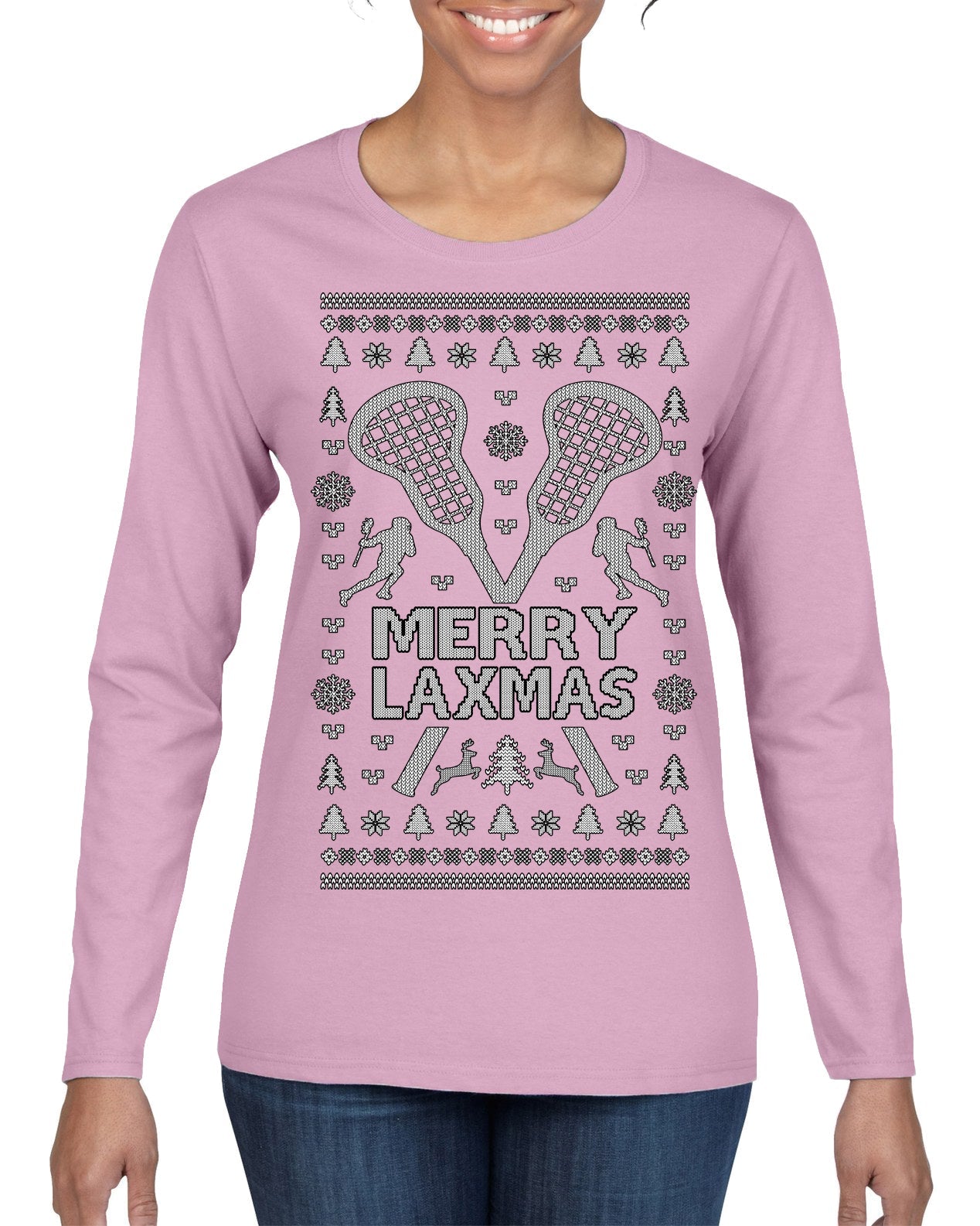 Merry Laxmas Funny Lacrosse Sports LAX Teen Sports Pun Ugly Christmas Sweater Womens Graphic Long Sleeve T-Shirt