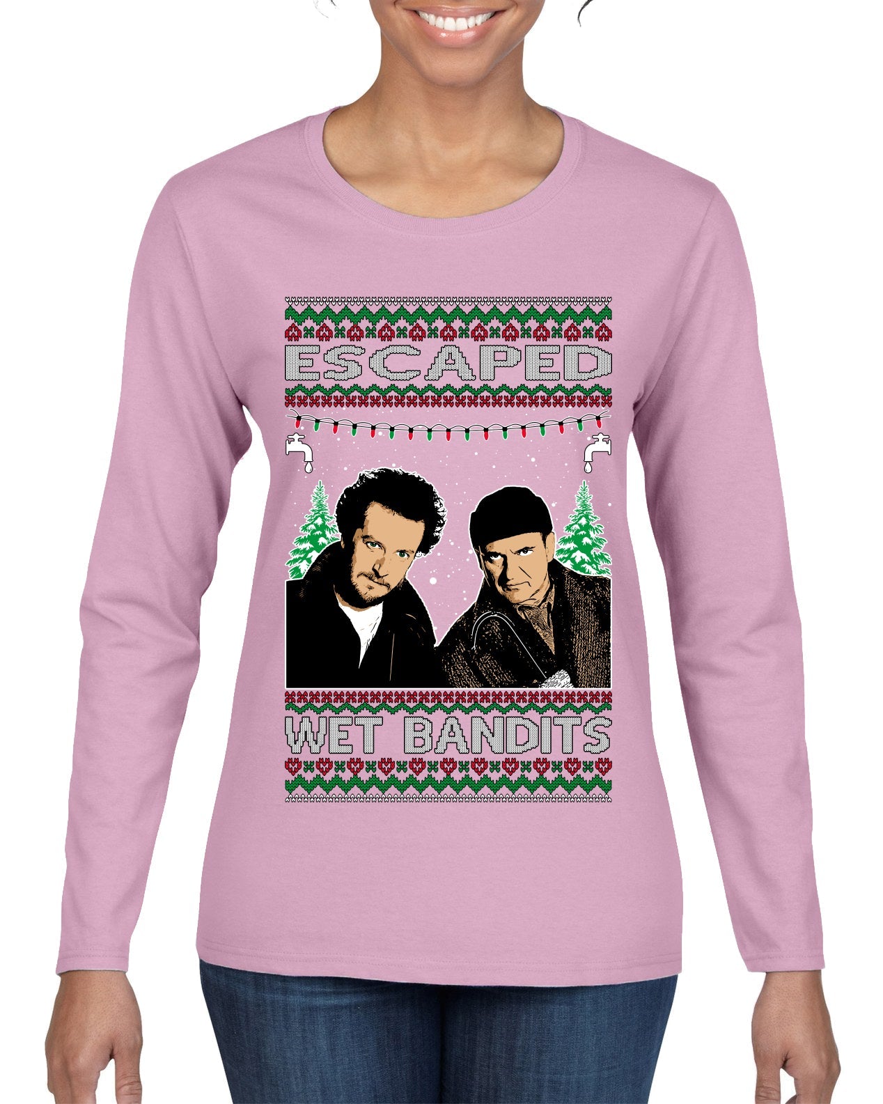 Escaped Bandits Classic Home Holiday Movie Ugly Christmas Sweater Womens Graphic Long Sleeve T-Shirt