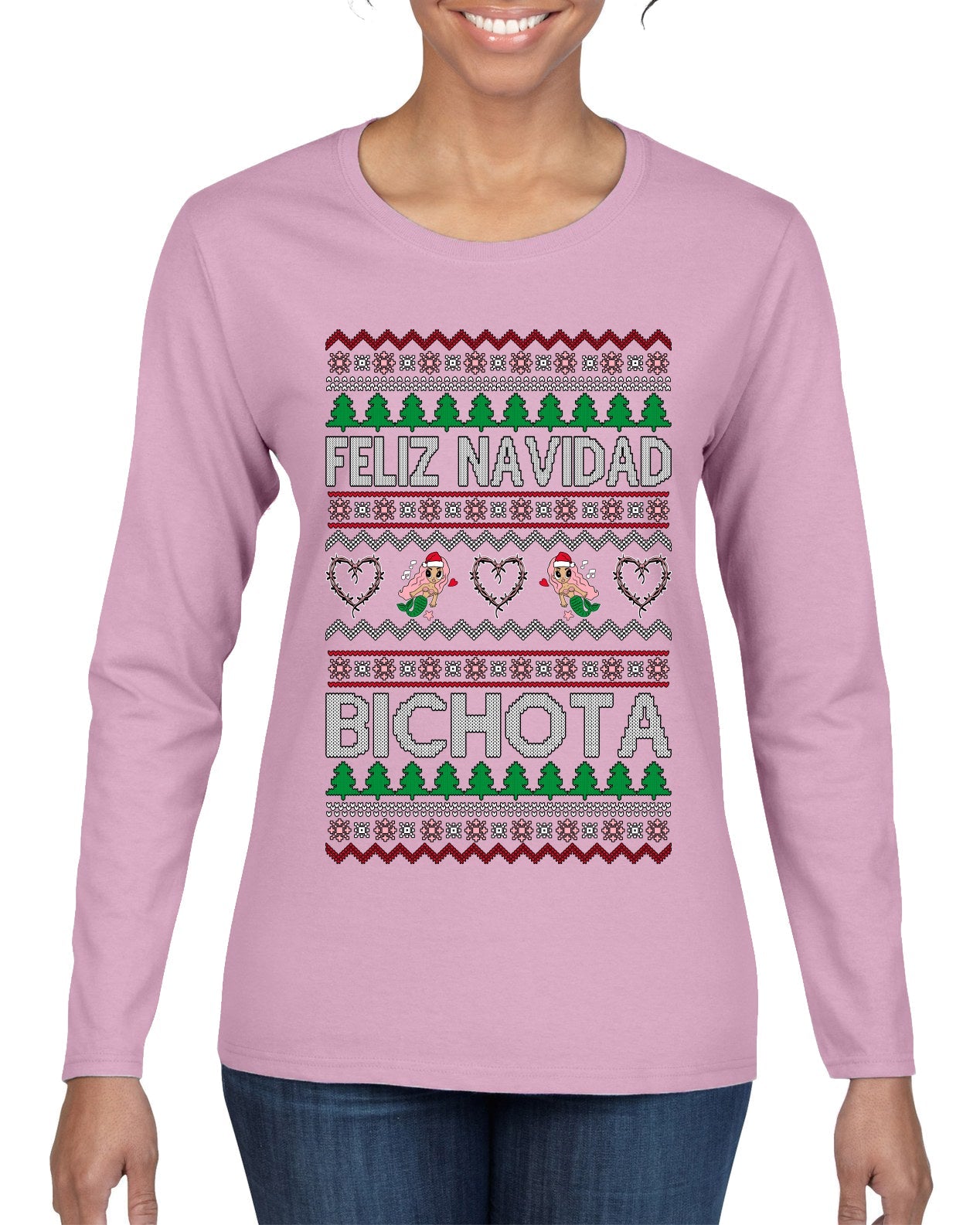 Feliz Navidad Bichota Ugly Christmas Sweater Womens Graphic Long Sleeve T-Shirt