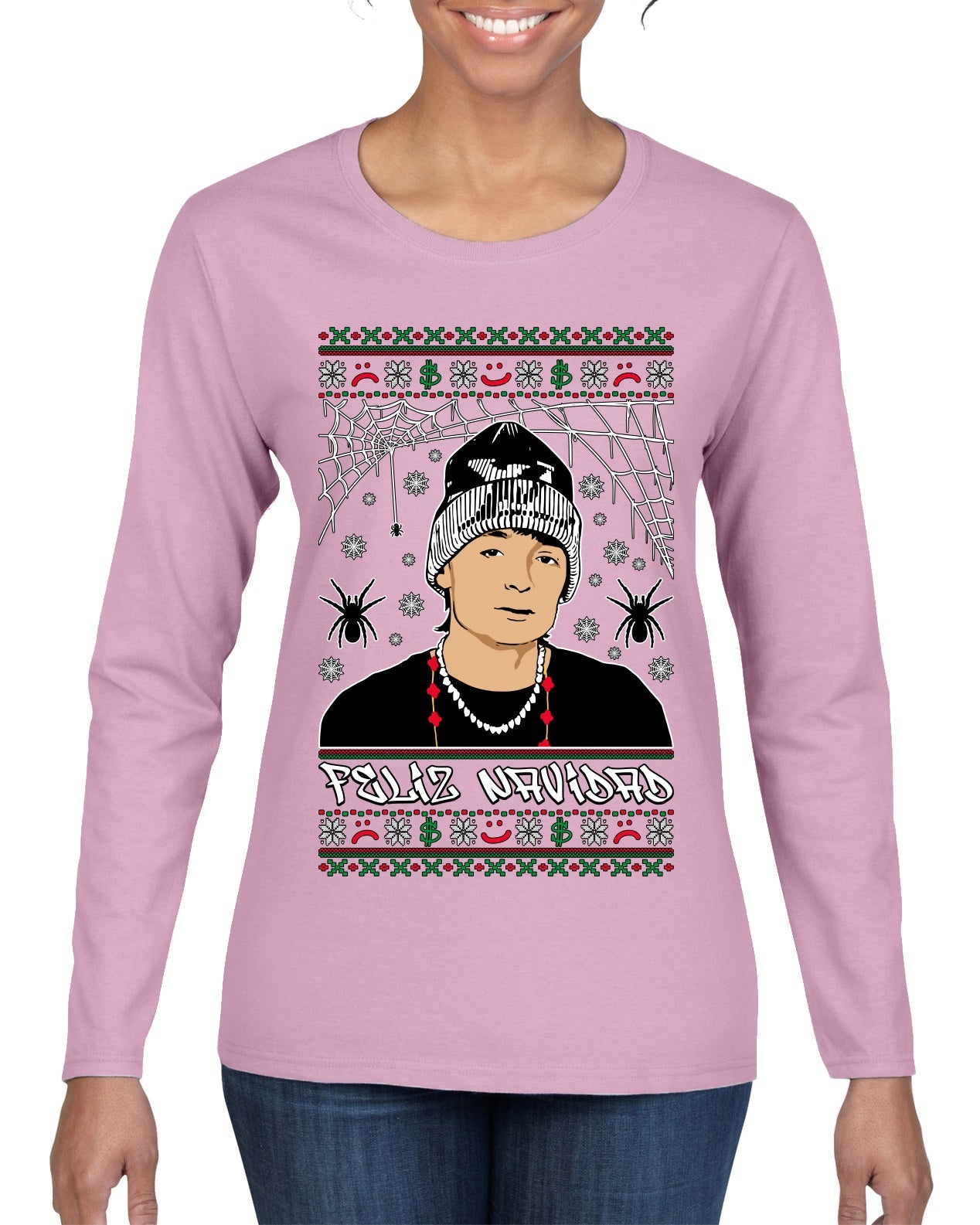 Peso Feliz Navidad Pluma Ugly Christmas Sweater Womens Graphic Long Sleeve T-Shirt