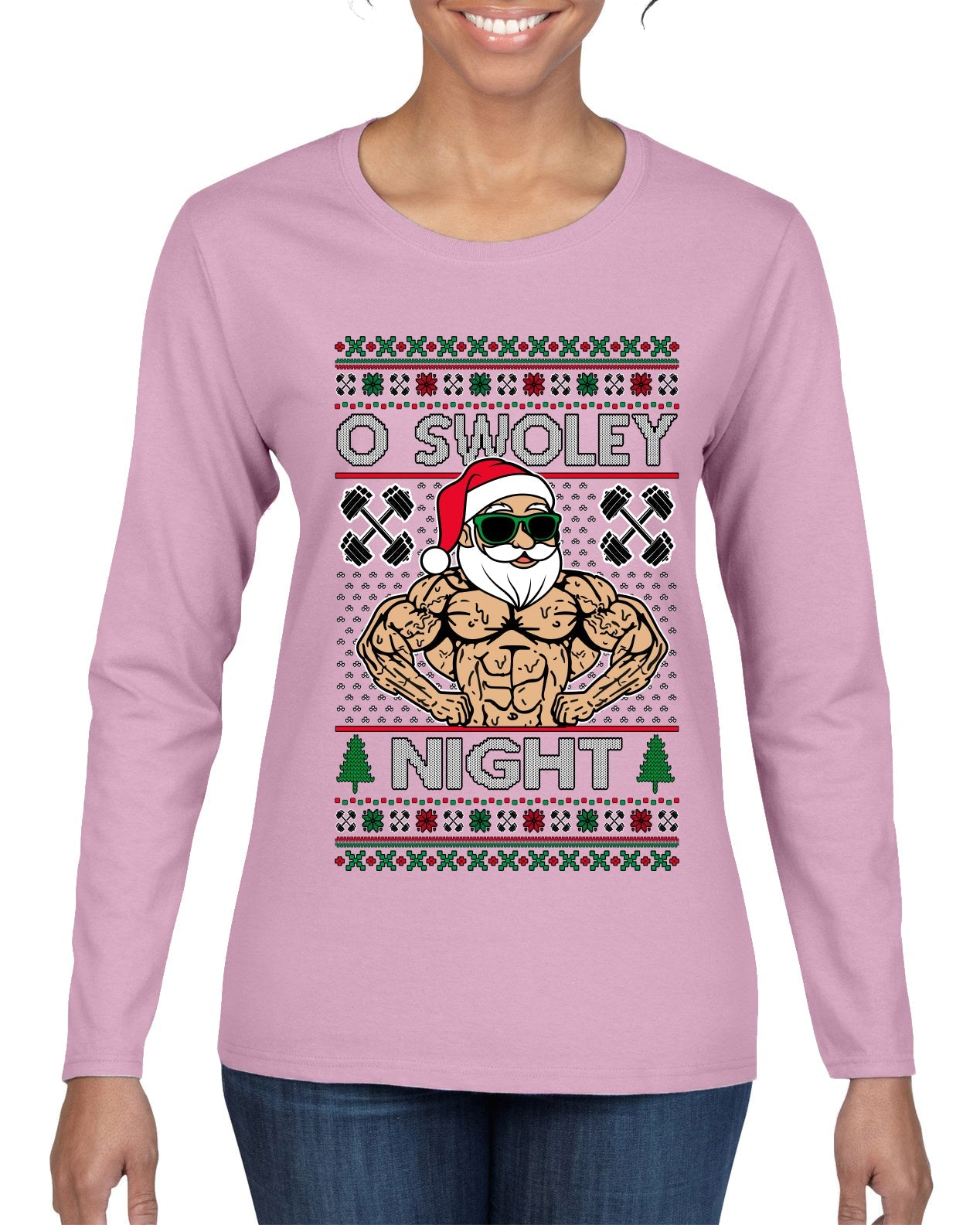 O Swoley Night, Exercise and Fitness Enthusiast, Ugly Christmas Sweater Womens Graphic Long Sleeve T-Shirt