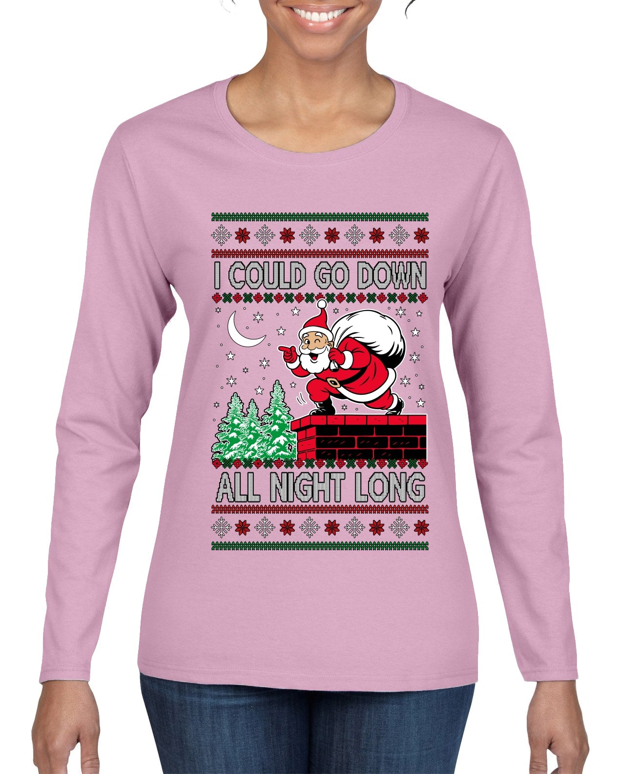 I Could Go Down All Night Long, Ugly Christmas Sweater Womens Graphic Long Sleeve T-Shirt