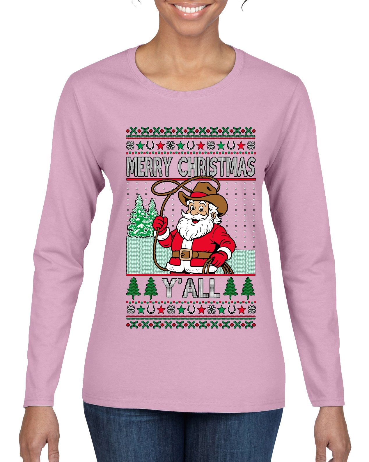 Merry Christmas Y'all Christmas Sweater, Ugly Christmas Sweater Womens Graphic Long Sleeve T-Shirt