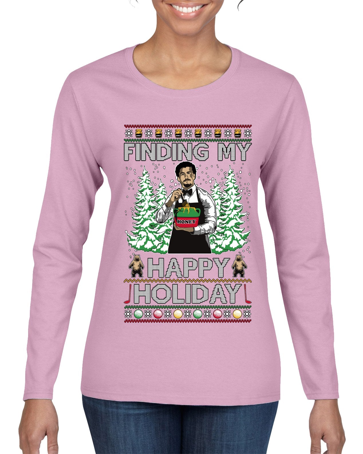 Finding My Happy Holiday, Ugly Christmas Sweater Womens Graphic Long Sleeve T-Shirt