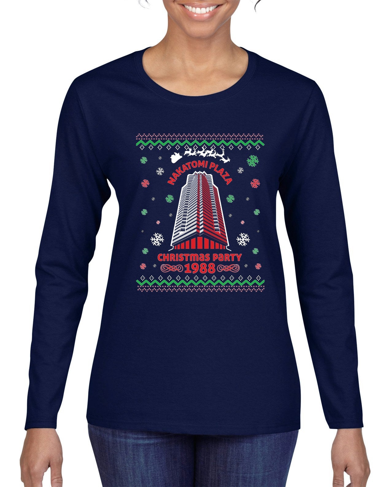 Nakatomi Plaza Christmas Party 1988 Ugly Christmas Sweater Womens Graphic Long Sleeve T-Shirt
