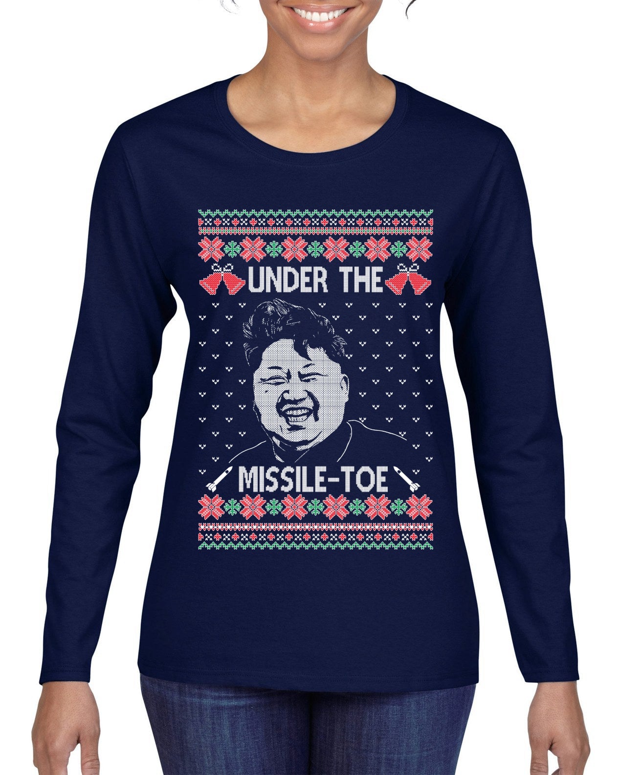Under The Missle Toe Ugly Christmas Sweater Womens Graphic Long Sleeve T-Shirt