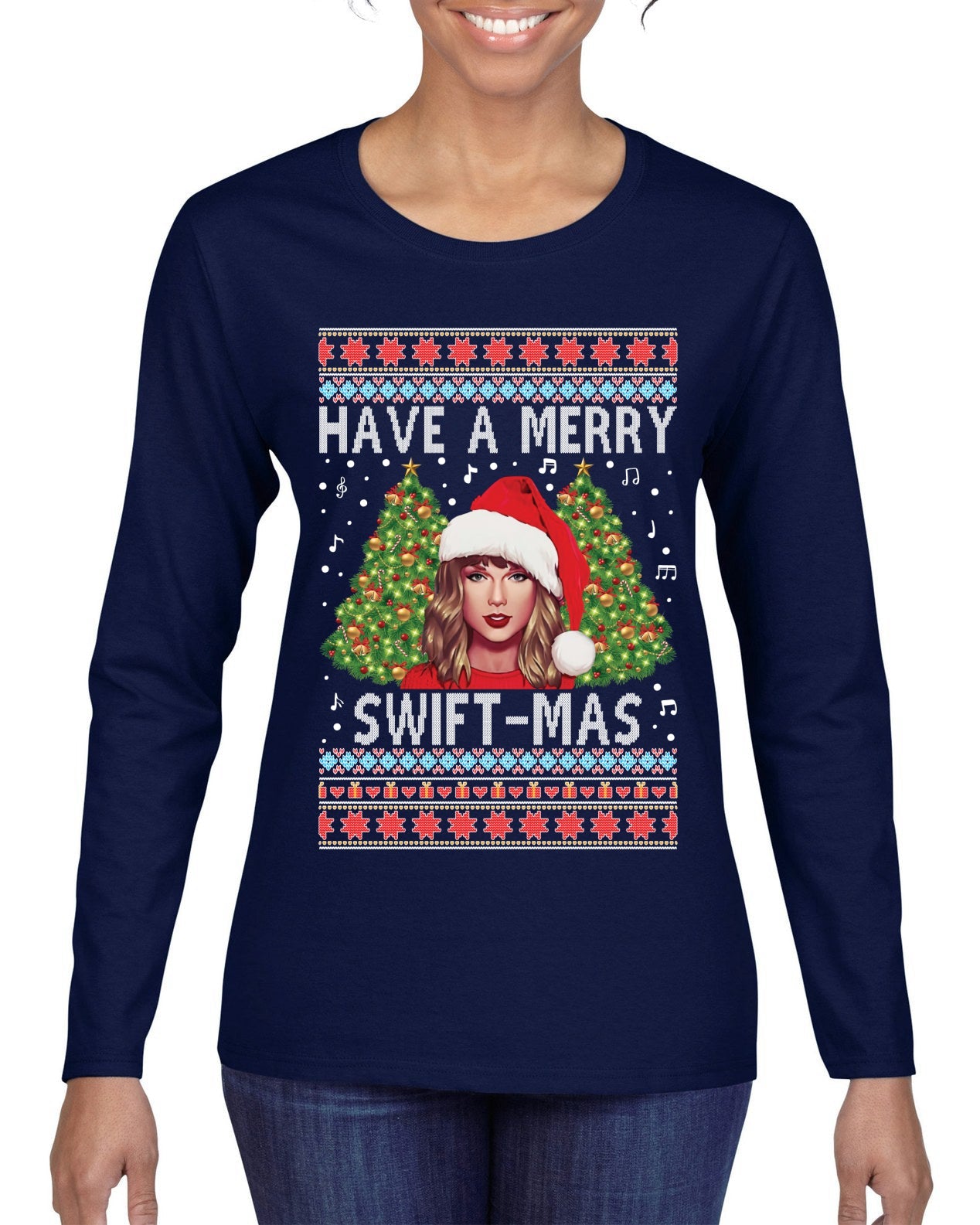 Merry Swiftmas Ugly Christmas Sweater Womens Graphic Long Sleeve T-Shirt