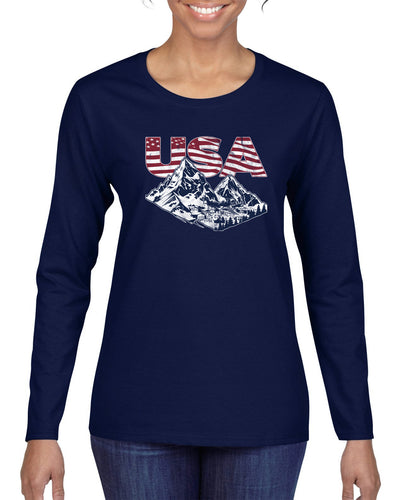 USA Winter Team Sports Fan Collection | USA Flag Mountainscape Sweater, Womens Graphic Long Sleeve T-Shirt