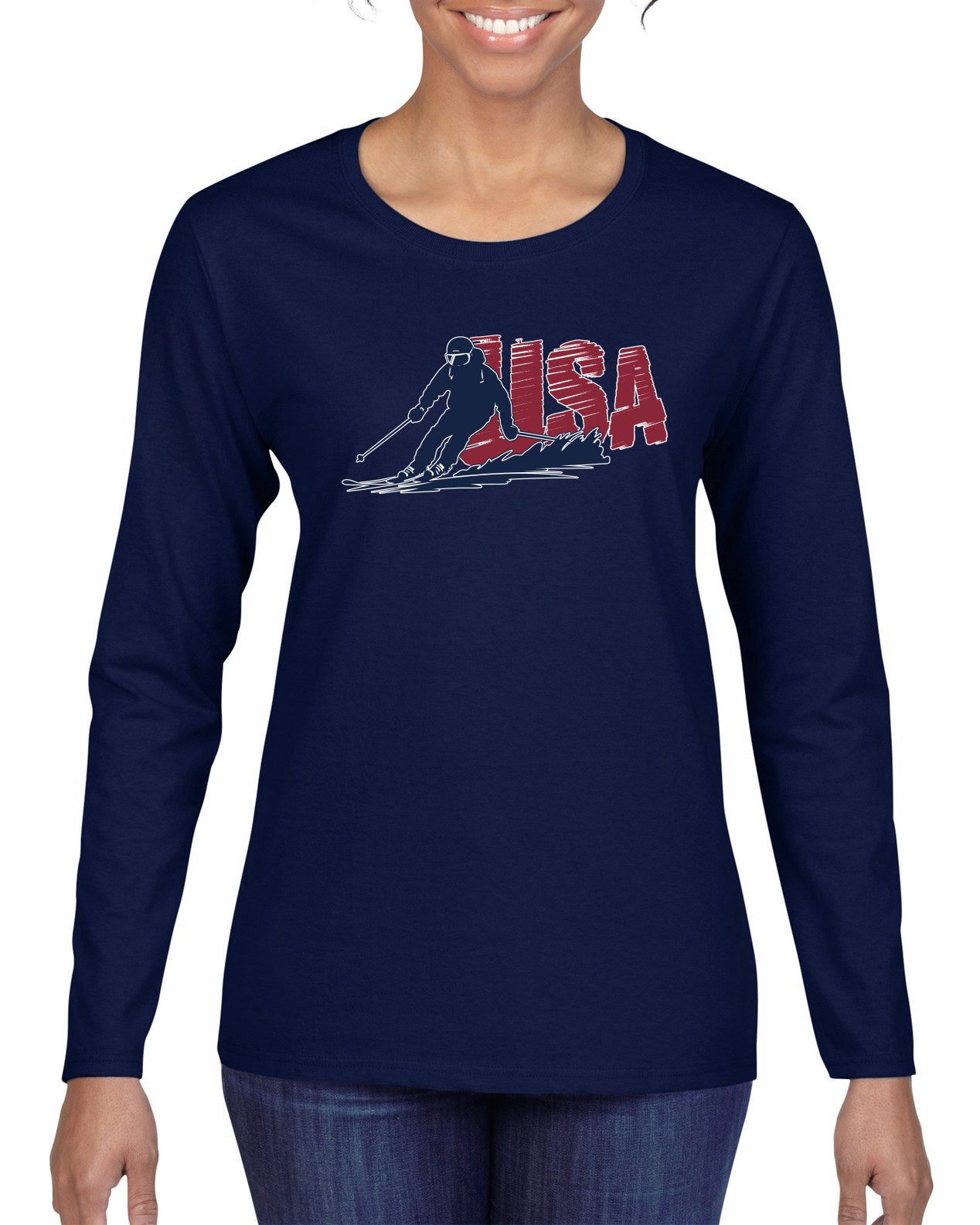 USA Winter Team Sports Fan Collection | USA Skier Sweater, Womens Graphic Long Sleeve T-Shirt