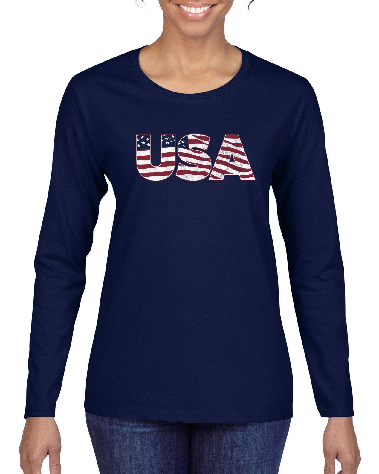 USA Winter Team Sports Fan Collection | USA Flag Fill Design Sweater, Womens Graphic Long Sleeve T-Shirt