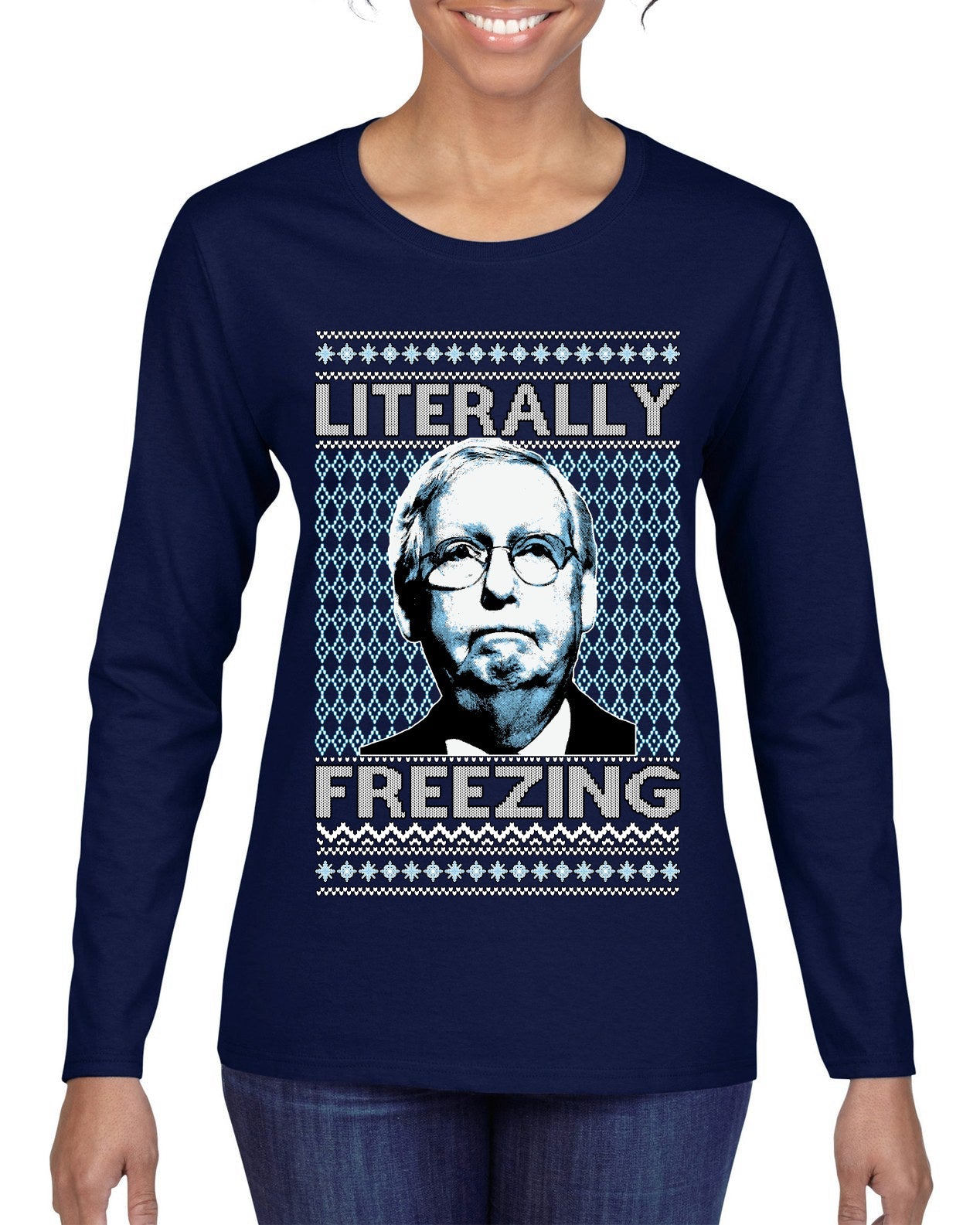 Literally Freezing McConnell Senator  Ugly Christmas Sweater Womens Graphic Long Sleeve T-Shirt