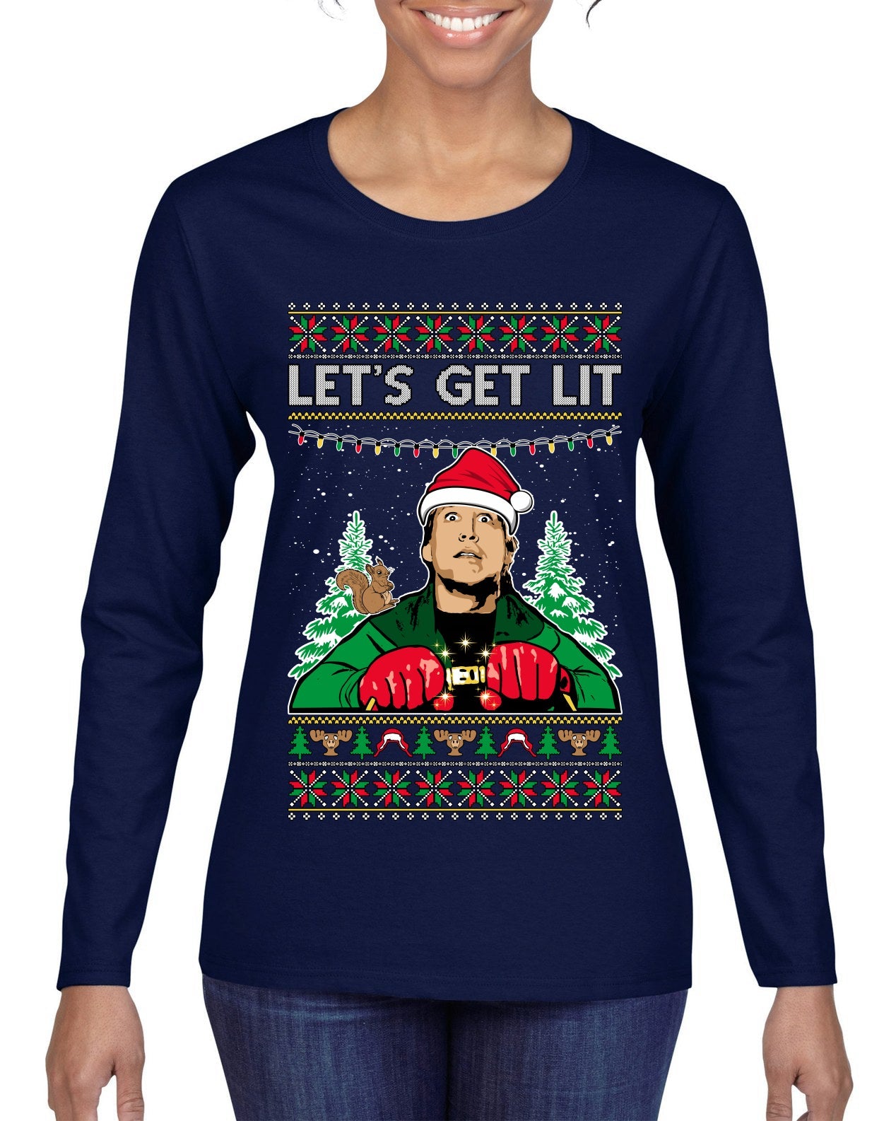 Let's Get Lit Clark Vacation Ugly Christmas Sweater Womens Graphic Long Sleeve T-Shirt