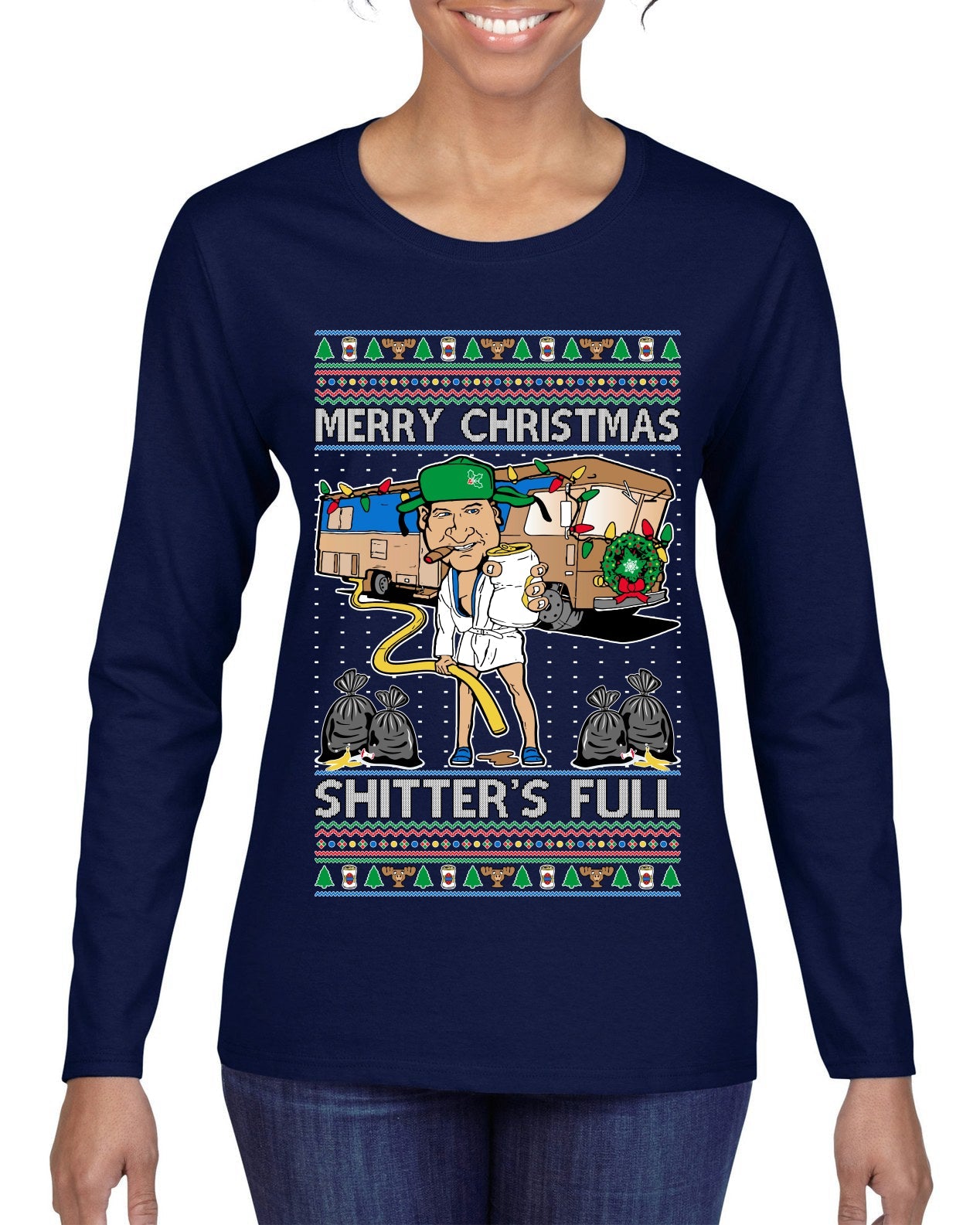Merry Christmas Shitter's Full Ugly Christmas Sweater Womens Graphic Long Sleeve T-Shirt