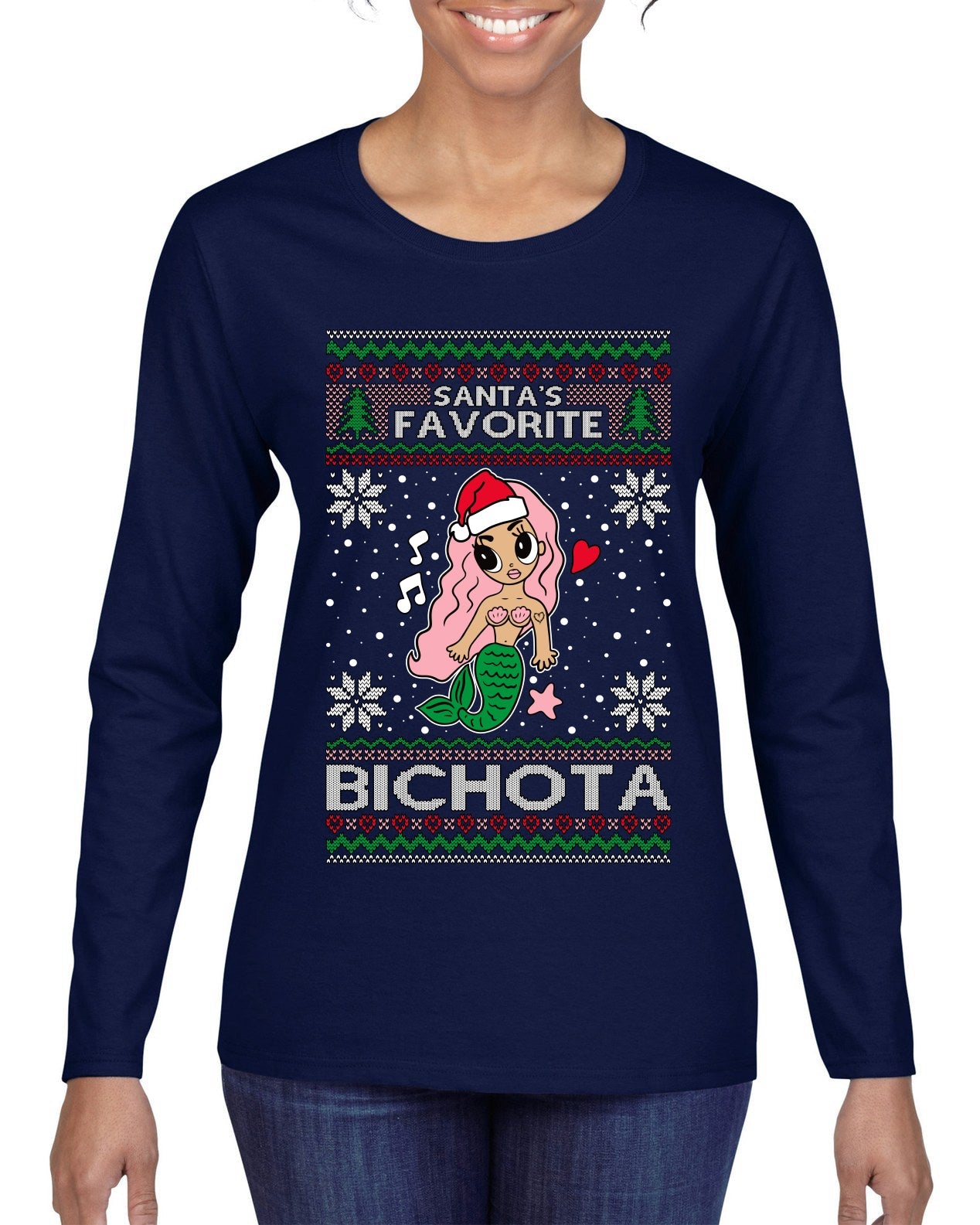 Christmas Karol Santa's Favorite Bichota Ugly Christmas Sweater Womens Graphic Long Sleeve T-Shirt