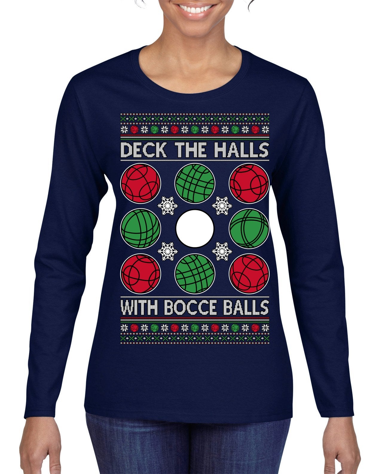 Deck the Halls with Bocce Balls, Funny Classic Italy Italian Sports Ugly Christmas Sweater Womens Graphic Long Sleeve T-Shirt