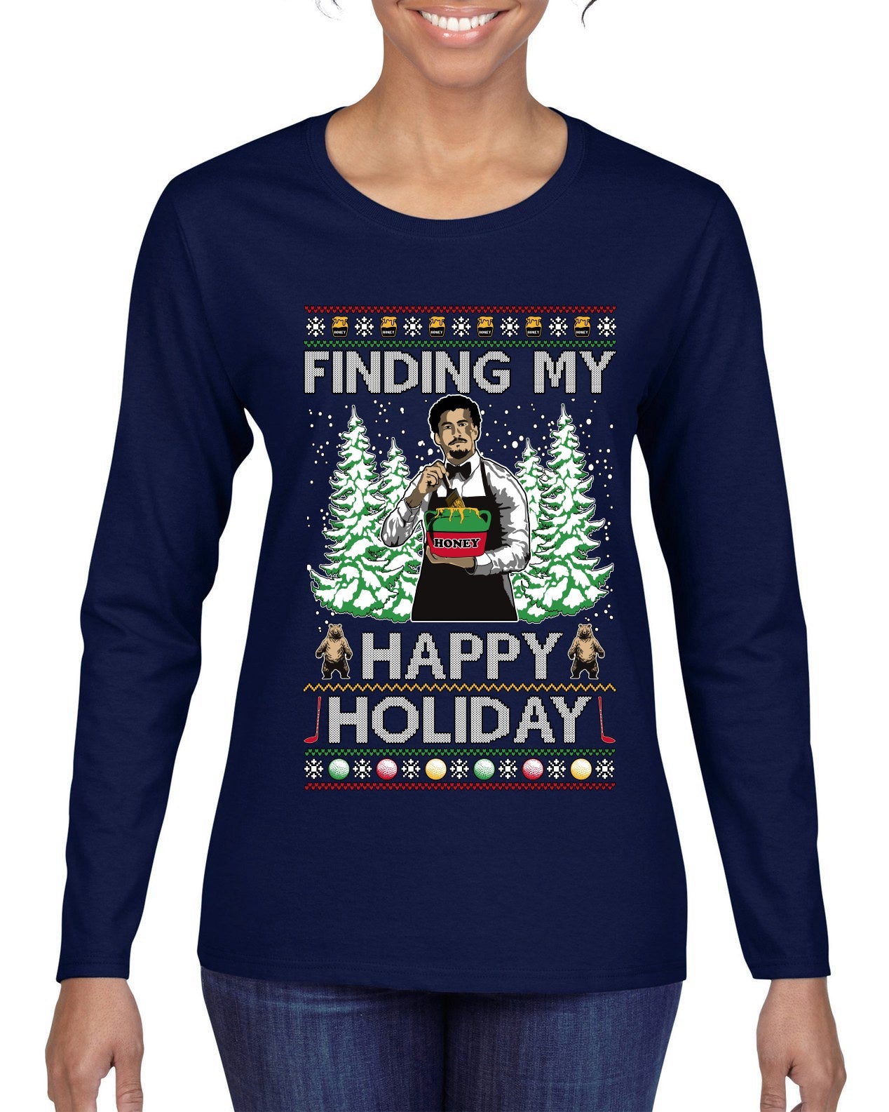 Finding My Happy Holiday, Ugly Christmas Sweater Womens Graphic Long Sleeve T-Shirt