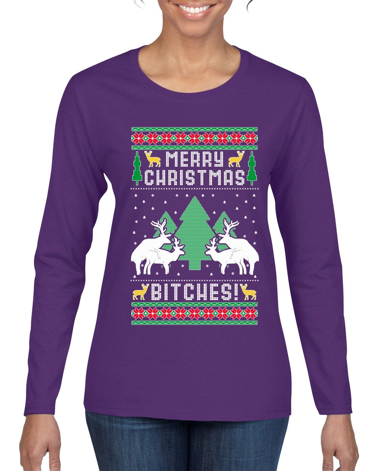 Merry Christmas Bitches Ugly Christmas Sweater Womens Graphic Long Sleeve T-Shirt