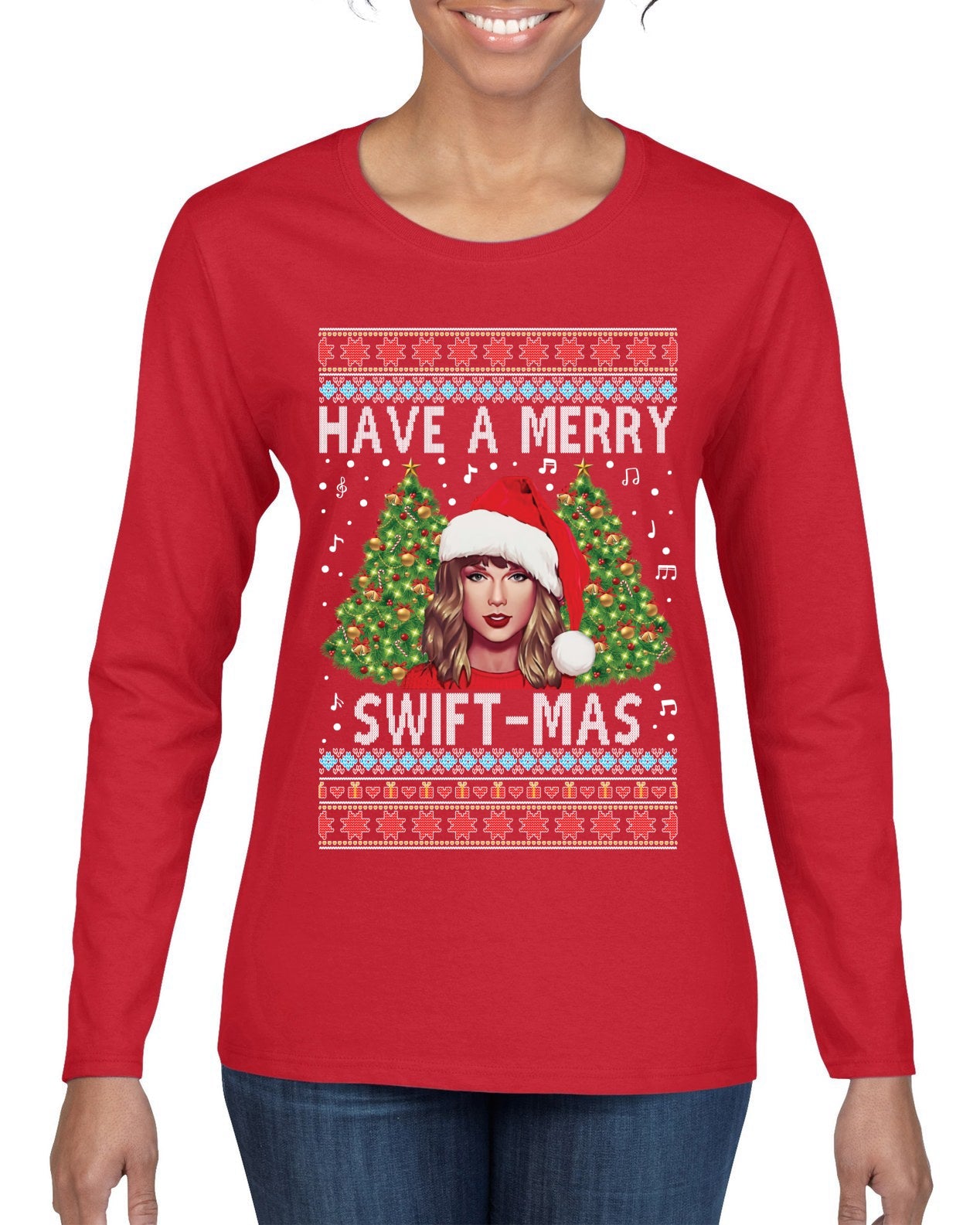 Merry Swiftmas Ugly Christmas Sweater Womens Graphic Long Sleeve T-Shirt