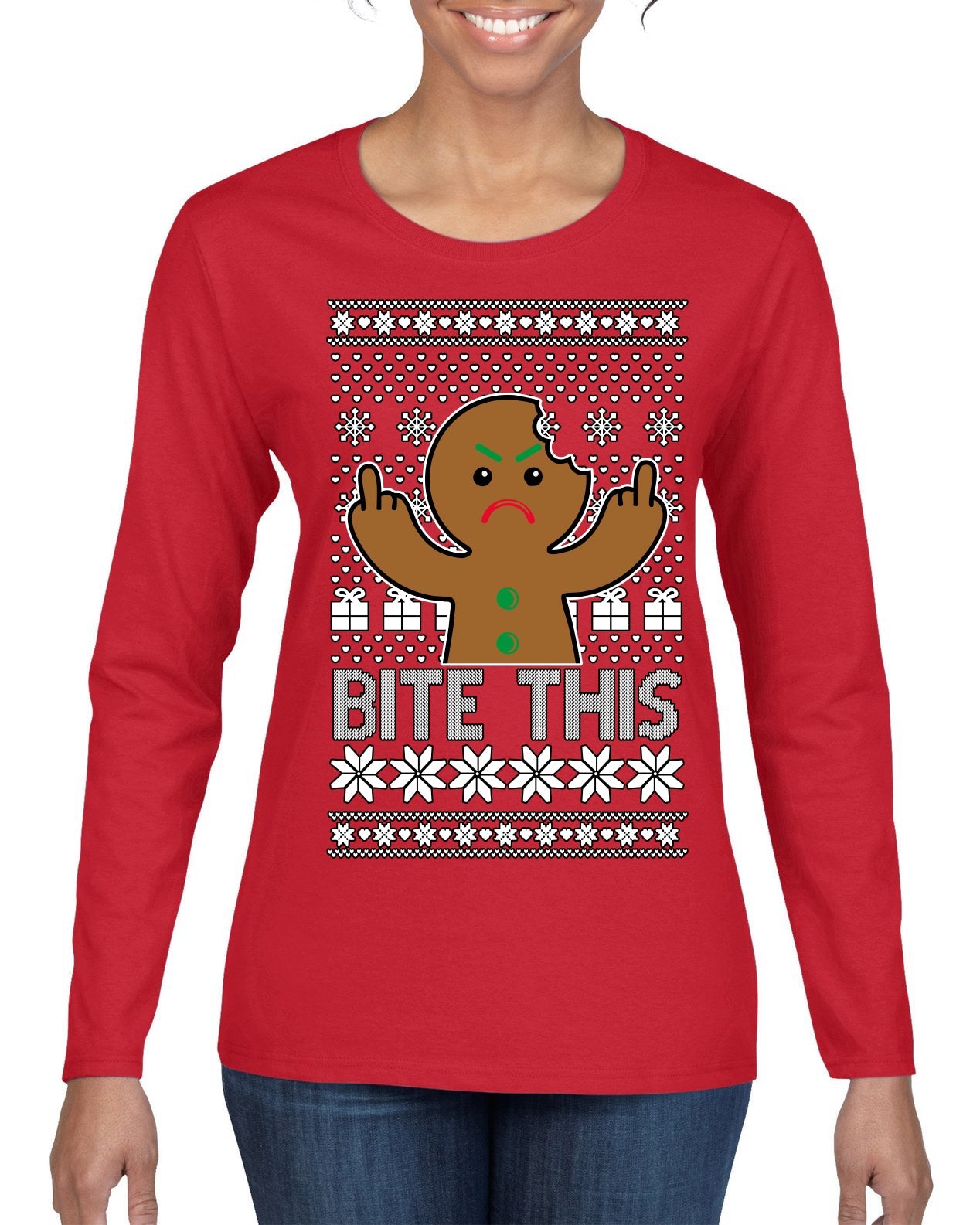 Bite This, Funny Gingerbread Cookie Offensive Inappropriate Middle Finger, F U Ginger Bread Dirty Novelty Xmas Ugly Christmas Sweater Womens Graphic Long Sleeve T-Shirt