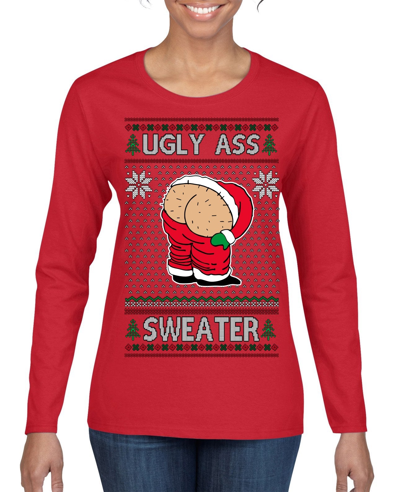 Ugly Ass Sweater Funny Santa Claus Butt Xmas Ugly Christmas Sweater Womens Graphic Long Sleeve T-Shirt