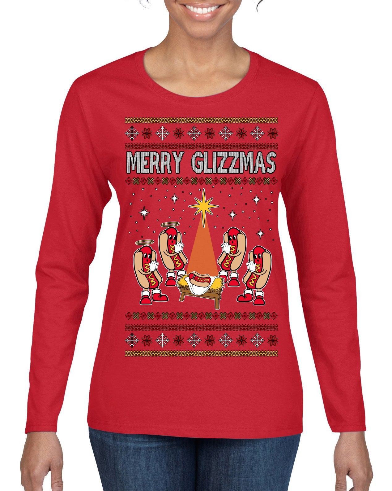 Merry Glizzmas, Funny Glizzy Hot Dog Baby Jesus Catholic Nativity, Fast Food Mustard Condiment Glizzys Humor Ugly Christmas Sweater Womens Graphic Long Sleeve T-Shirt