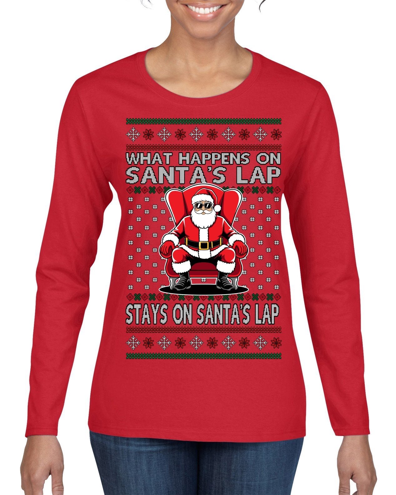 What Happens on Santa's Lap Stays on Santa's Lap, Funny Dirty X Rated Naughty Ugly Christmas Sweater Womens Graphic Long Sleeve T-Shirt