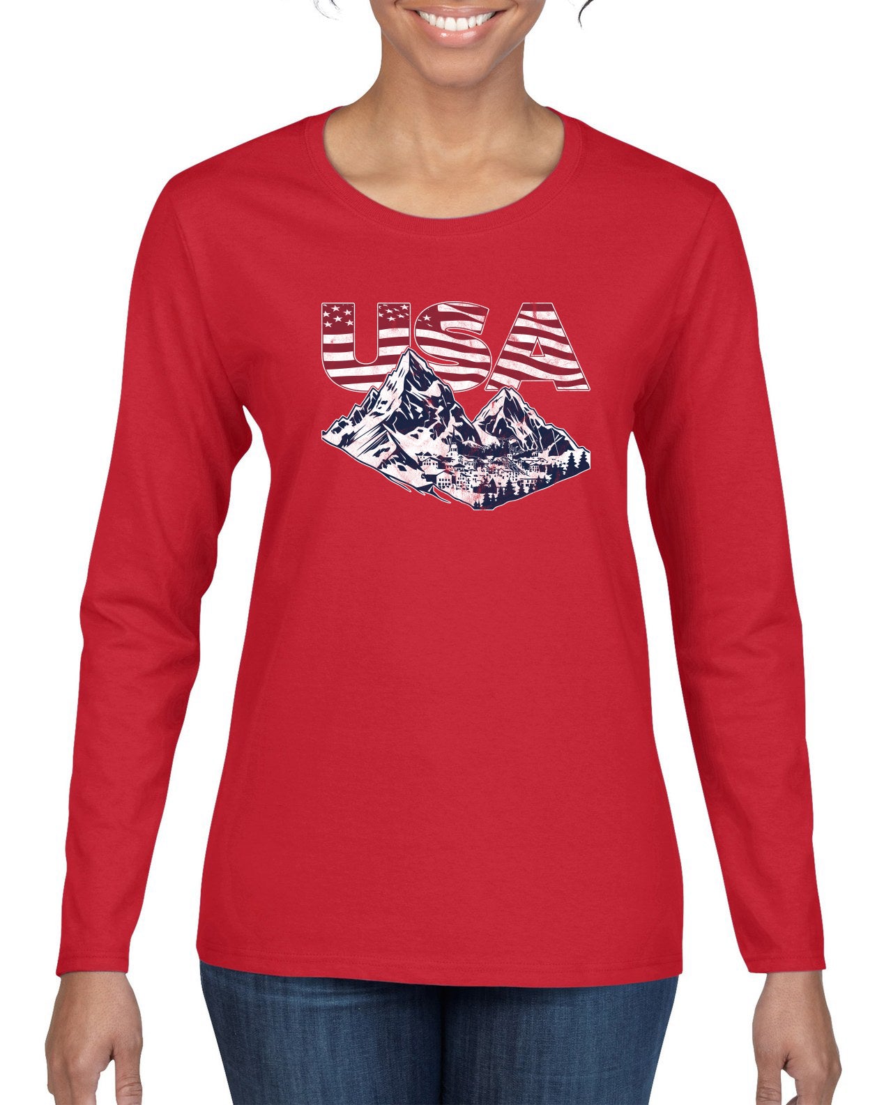 USA Winter Team Sports Fan Collection | USA Flag Mountainscape Sweater, Womens Graphic Long Sleeve T-Shirt