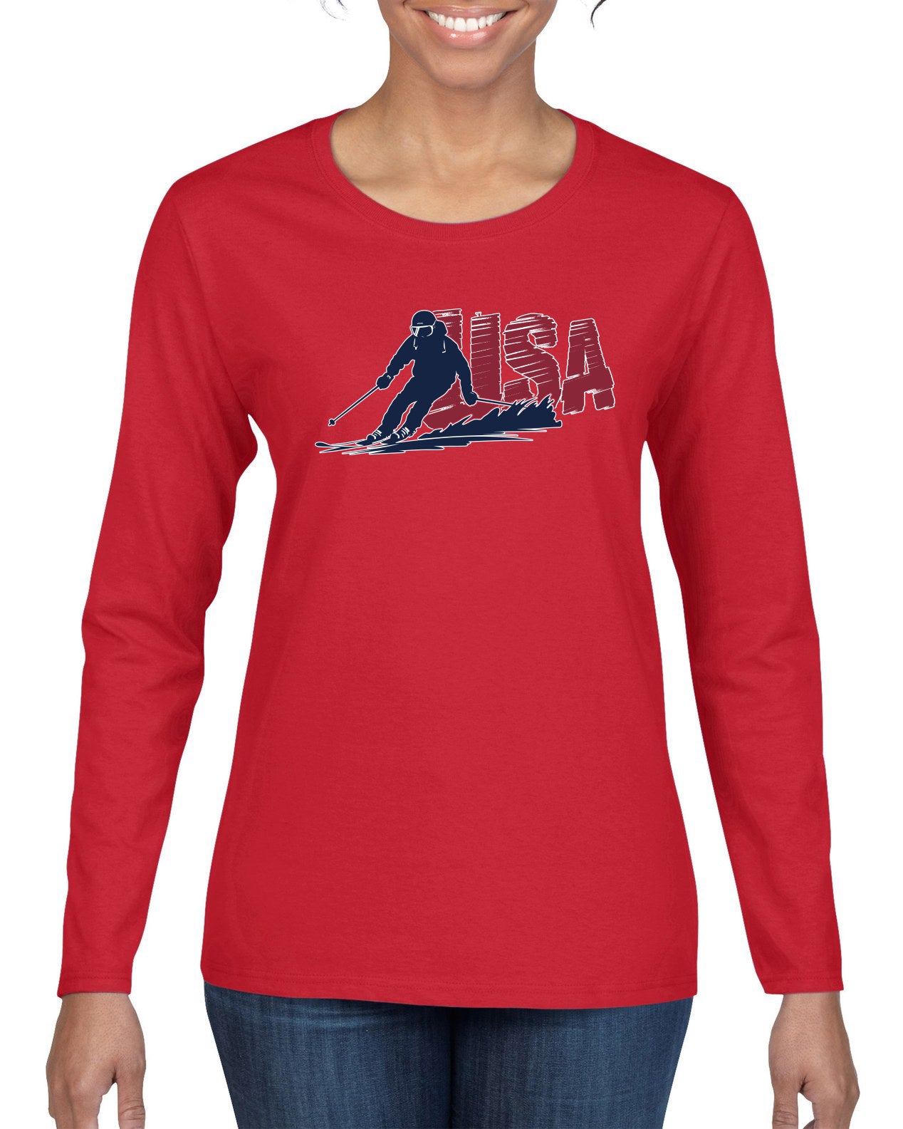 USA Winter Team Sports Fan Collection | USA Skier Sweater, Womens Graphic Long Sleeve T-Shirt