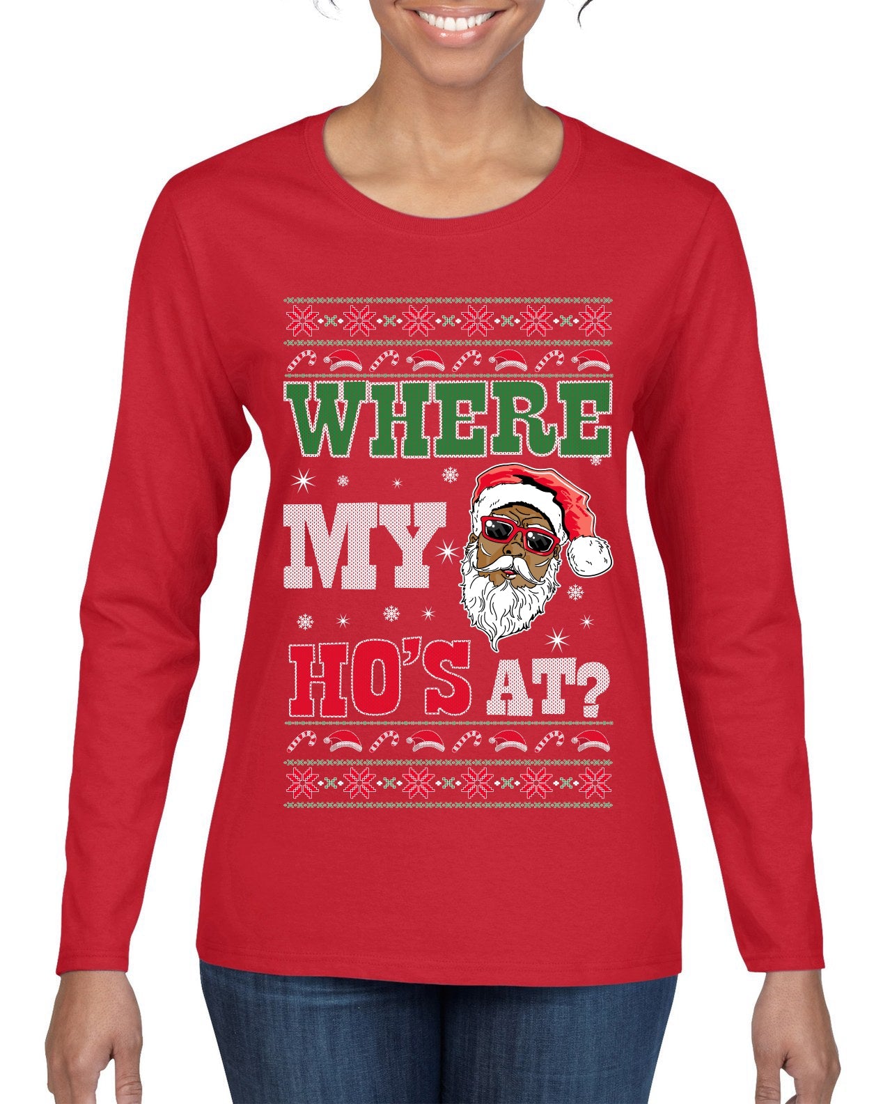 Where My Ho's At? Ugly Christmas Sweater Womens Graphic Long Sleeve T-Shirt