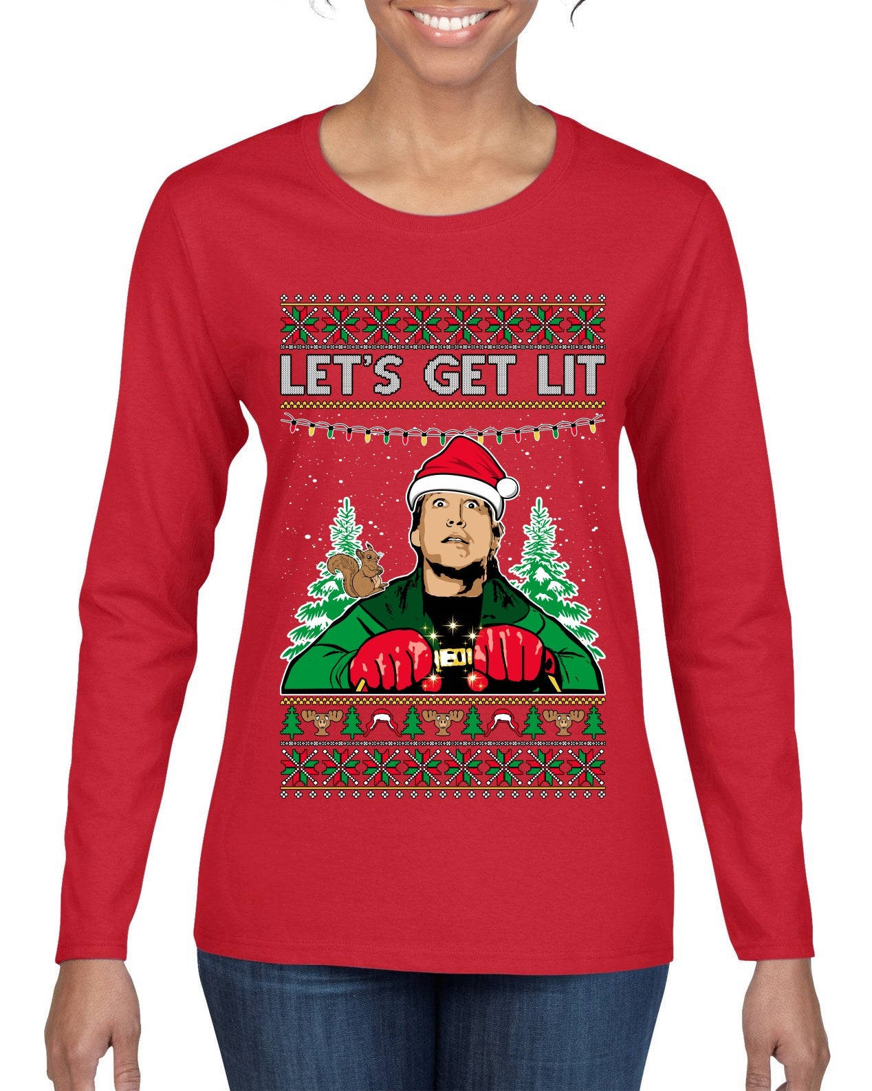 Let's Get Lit Clark Vacation Ugly Christmas Sweater Womens Graphic Long Sleeve T-Shirt