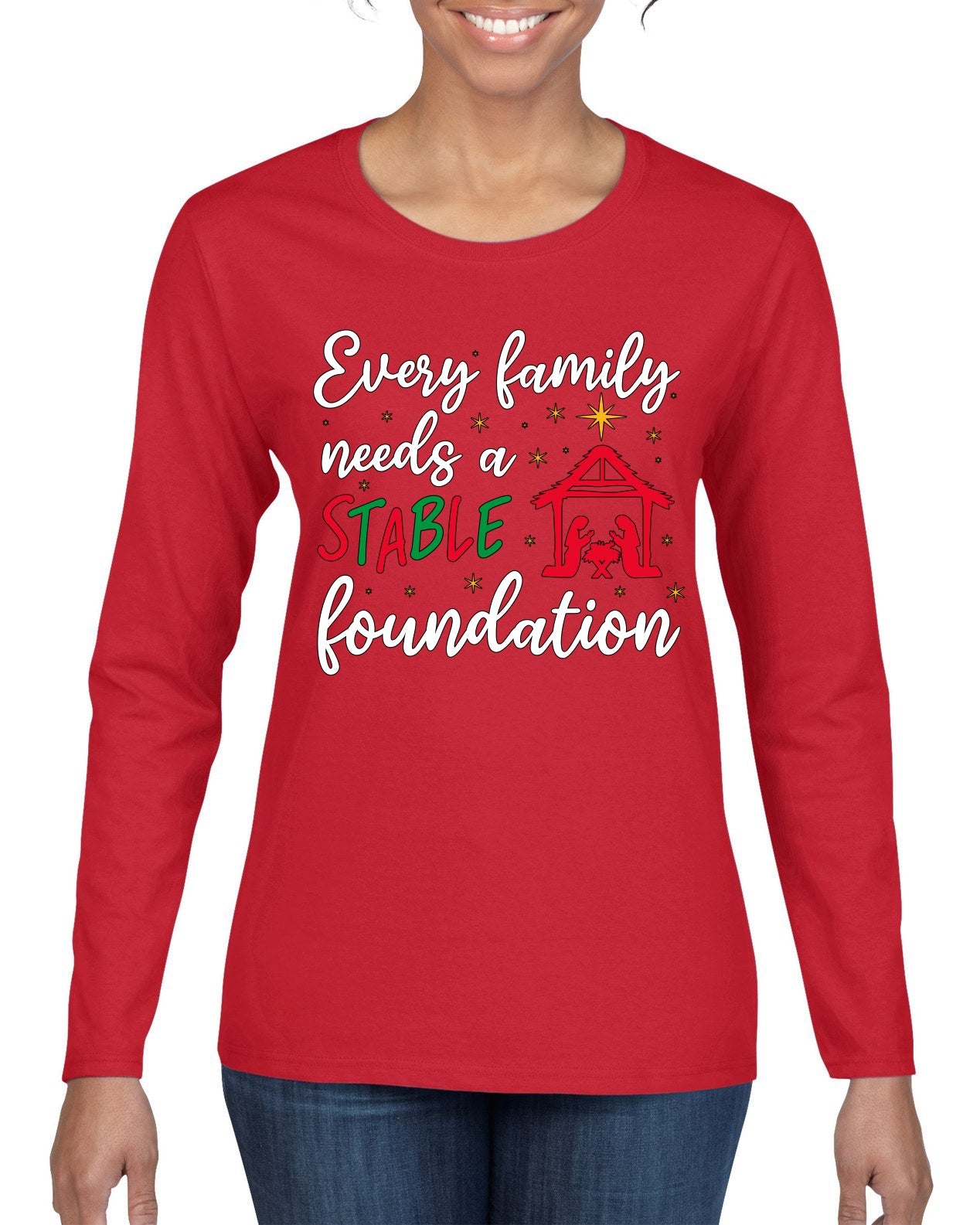 Every Family Needs a Stable Foundation Christmas Womens Graphic Long Sleeve T-Shirt
