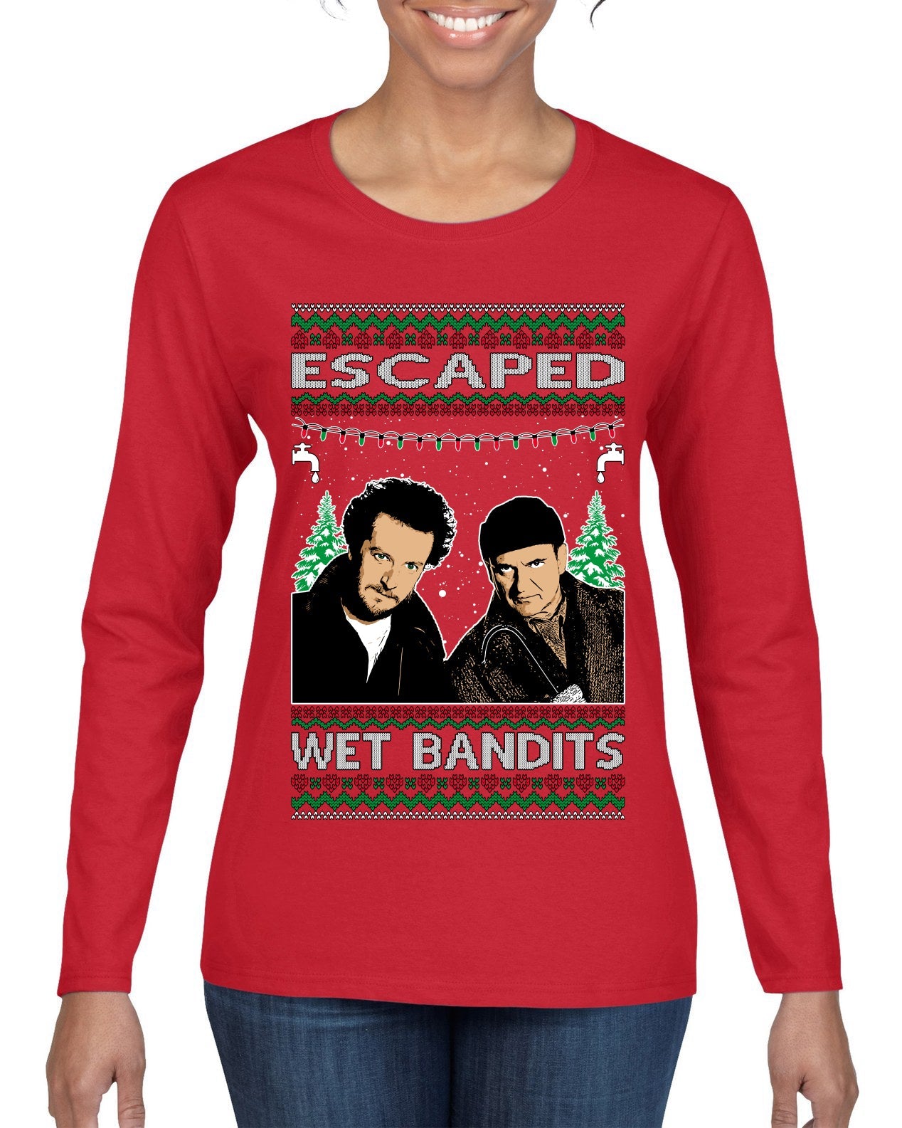 Escaped Bandits Classic Home Holiday Movie Ugly Christmas Sweater Womens Graphic Long Sleeve T-Shirt