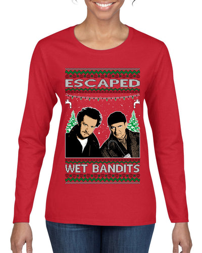 Escaped Bandits Classic Home Holiday Movie Ugly Christmas Sweater Womens Graphic Long Sleeve T-Shirt