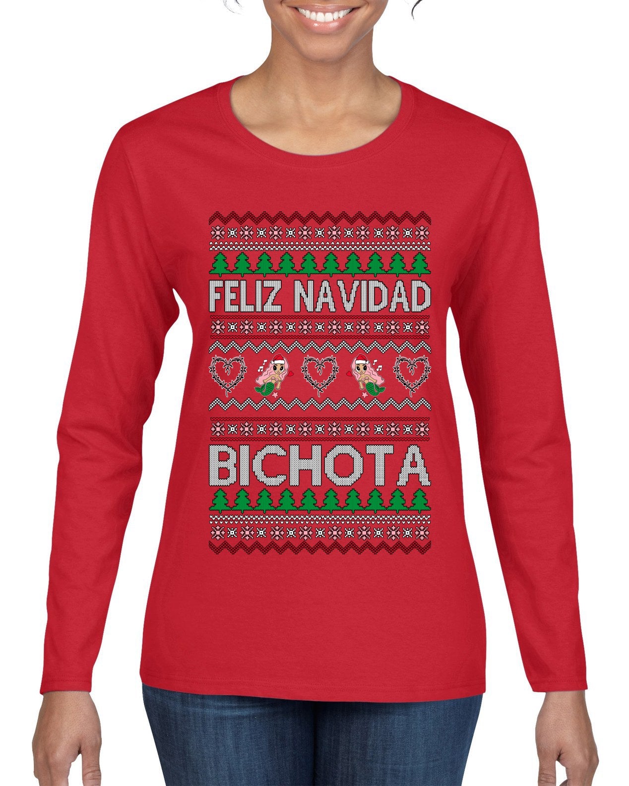 Feliz Navidad Bichota Ugly Christmas Sweater Womens Graphic Long Sleeve T-Shirt