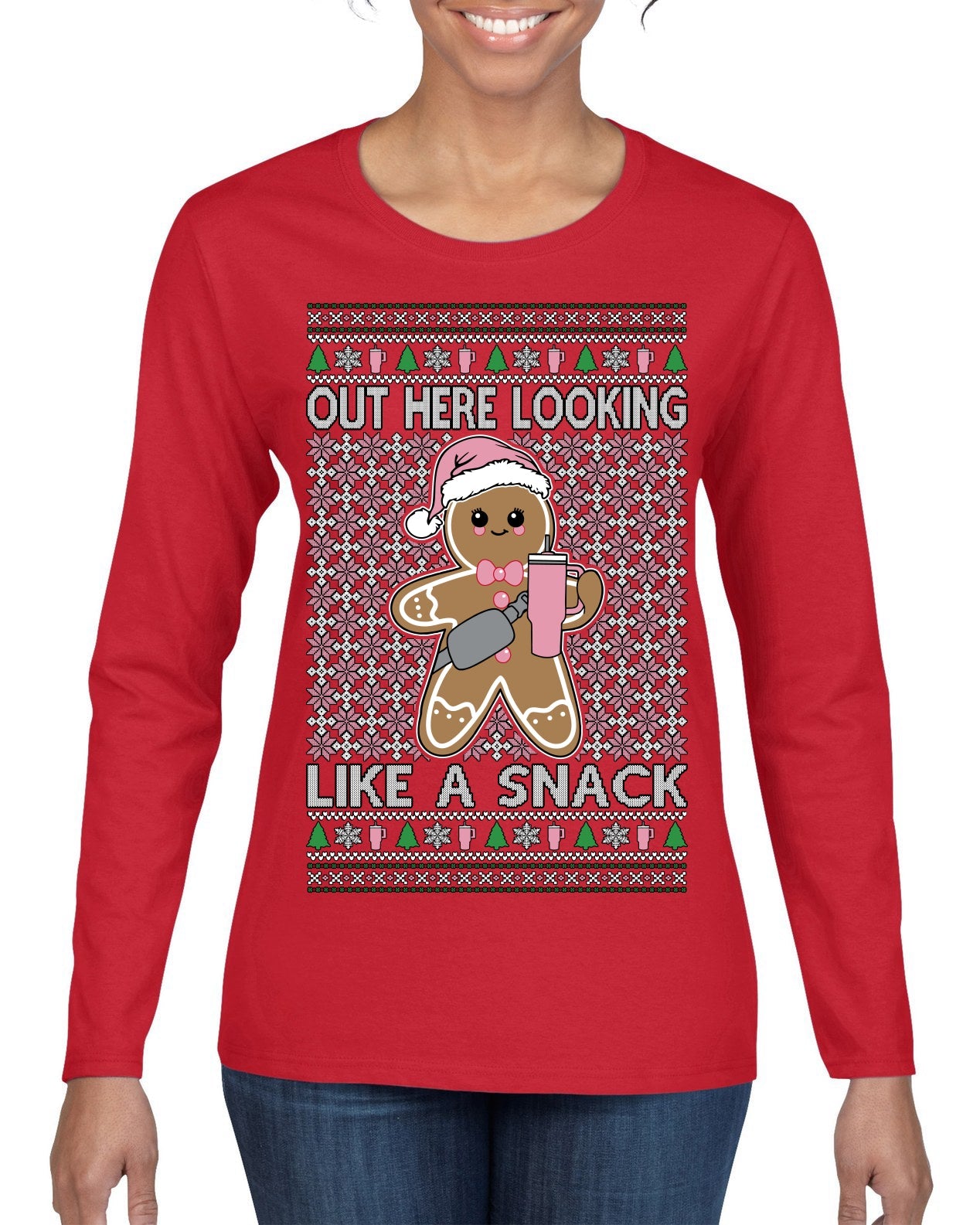 Out Here Looking Like a Snack Cute Xmas Cookie Ugly Christmas Sweater Womens Graphic Long Sleeve T-Shirt