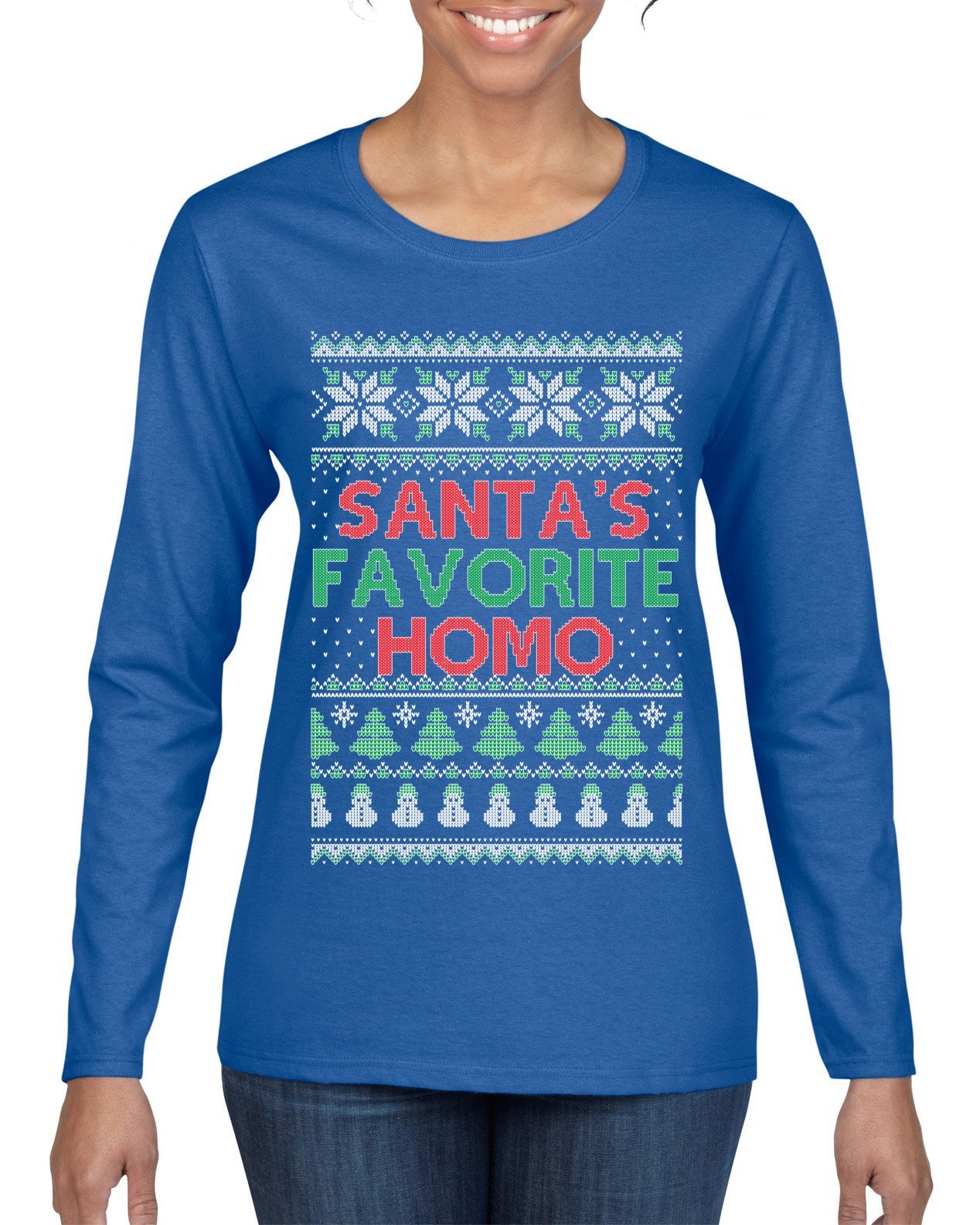 Santa's Favorite Homo Ugly Christmas Sweater Womens Graphic Long Sleeve T-Shirt