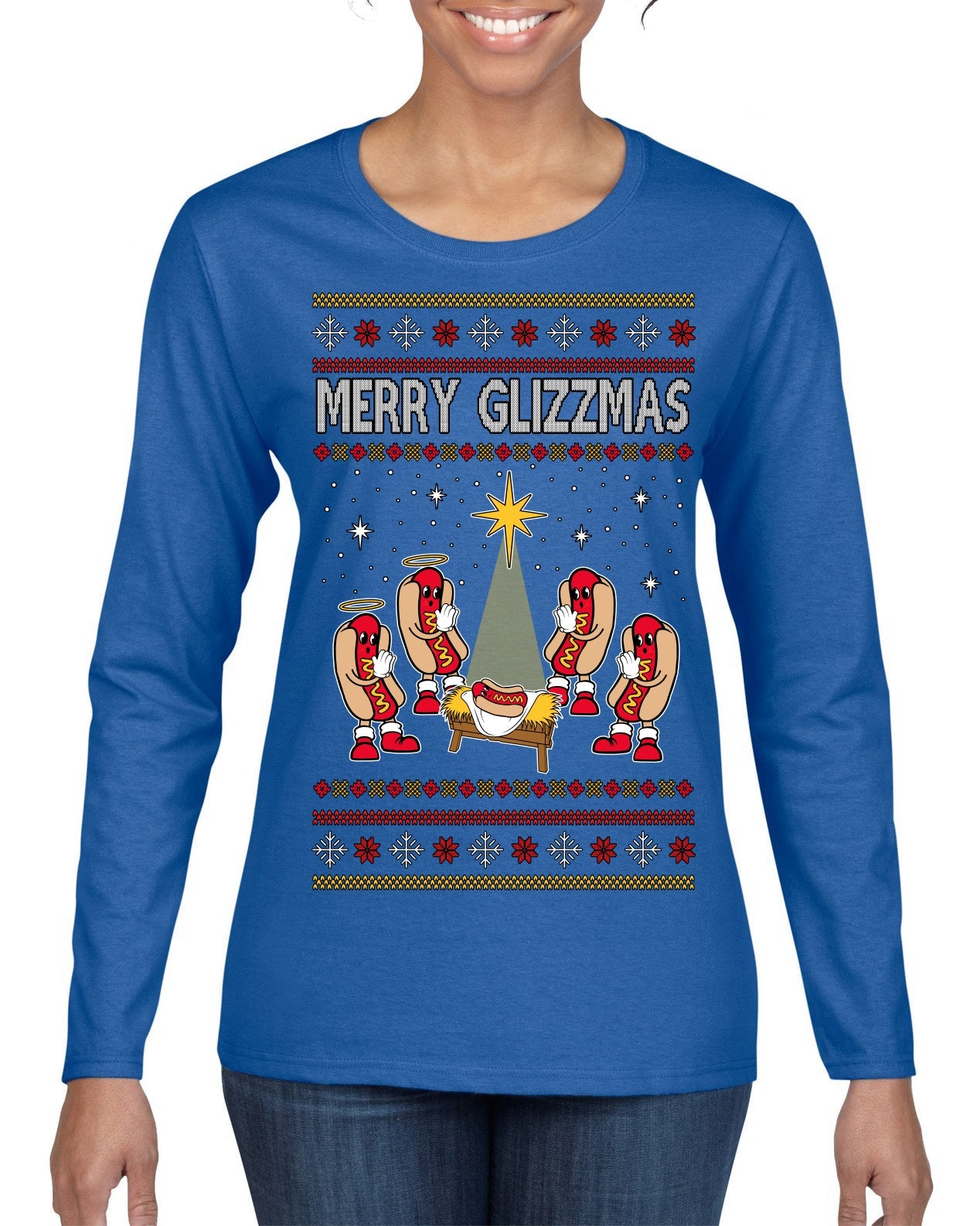 Merry Glizzmas, Funny Glizzy Hot Dog Baby Jesus Catholic Nativity, Fast Food Mustard Condiment Glizzys Humor Ugly Christmas Sweater Womens Graphic Long Sleeve T-Shirt