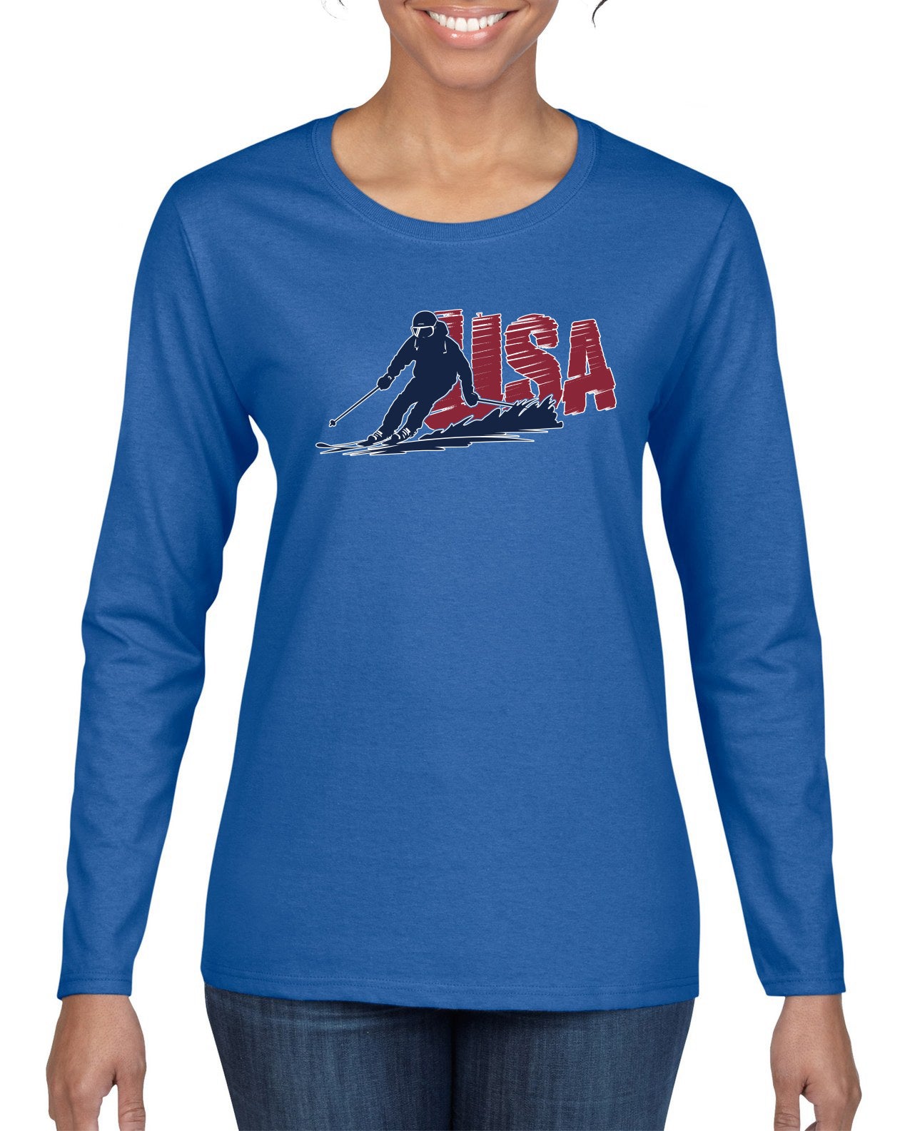 USA Winter Team Sports Fan Collection | USA Skier Sweater, Womens Graphic Long Sleeve T-Shirt
