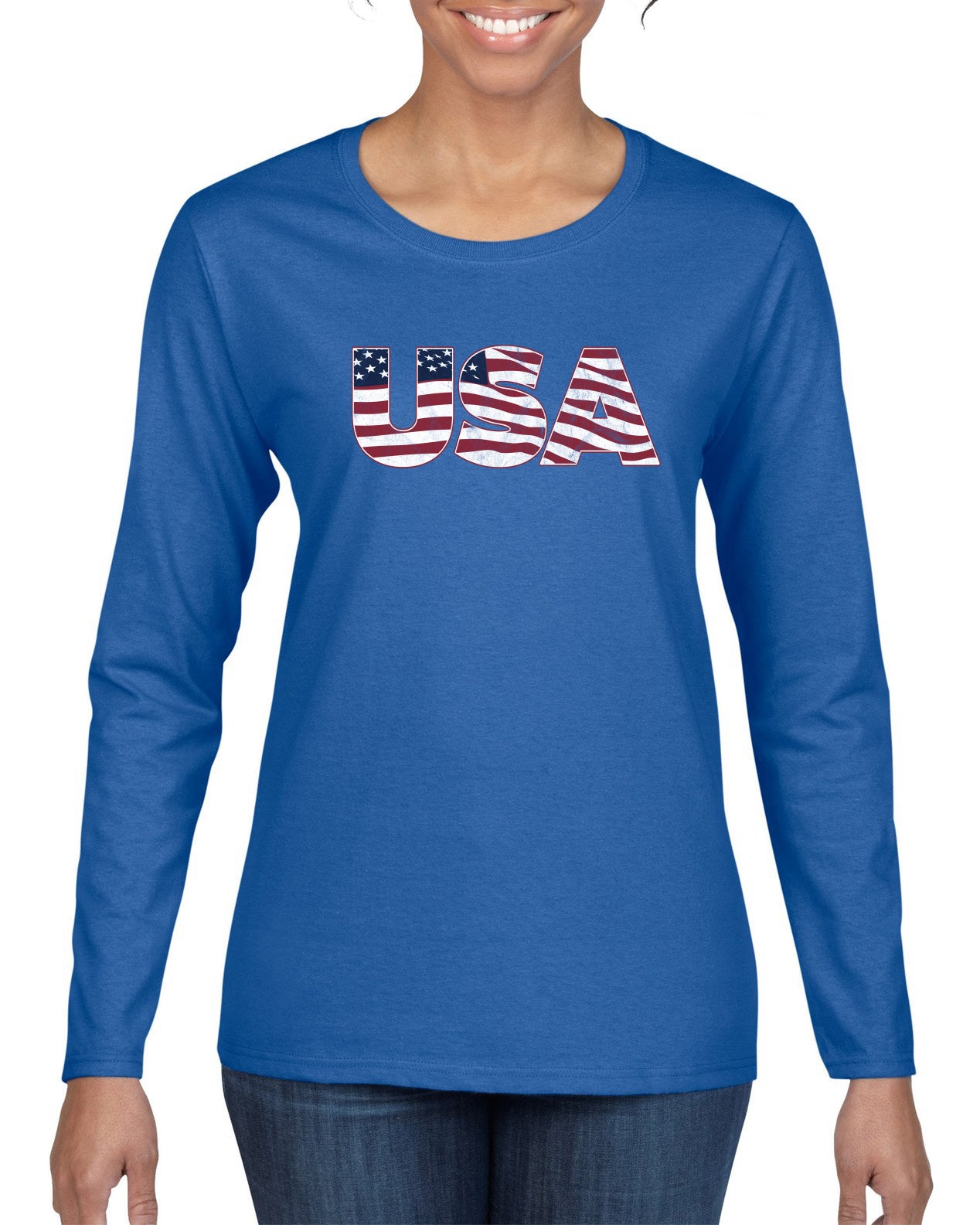 USA Winter Team Sports Fan Collection | USA Flag Fill Design Sweater, Womens Graphic Long Sleeve T-Shirt