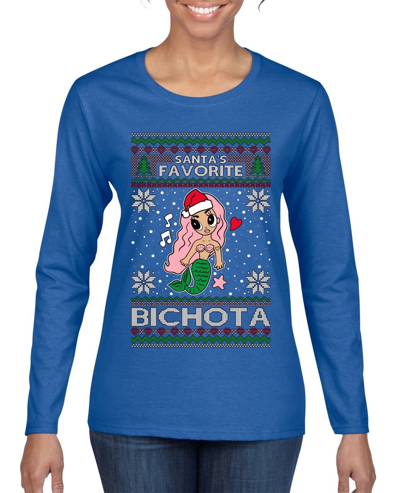 Christmas Karol Santa's Favorite Bichota Ugly Christmas Sweater Womens Graphic Long Sleeve T-Shirt