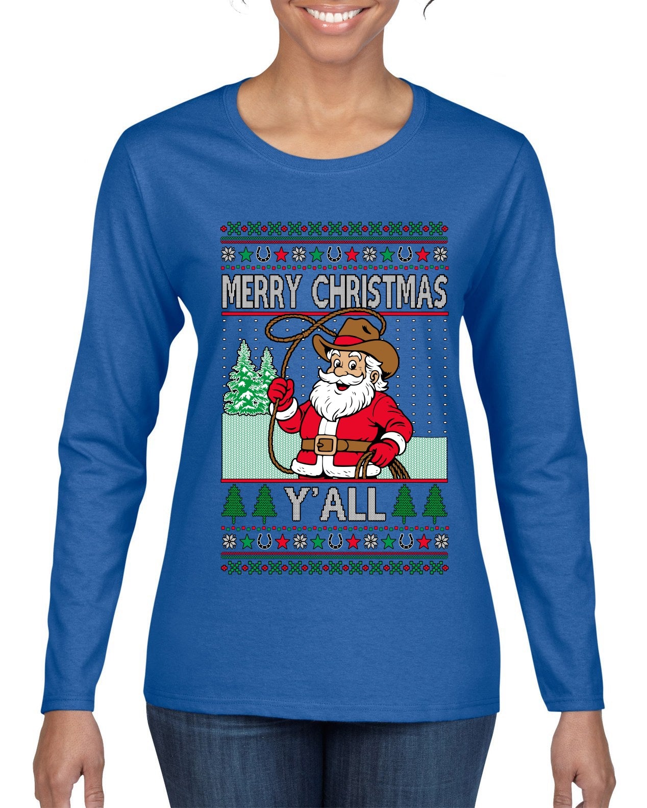 Merry Christmas Y'all Christmas Sweater, Ugly Christmas Sweater Womens Graphic Long Sleeve T-Shirt